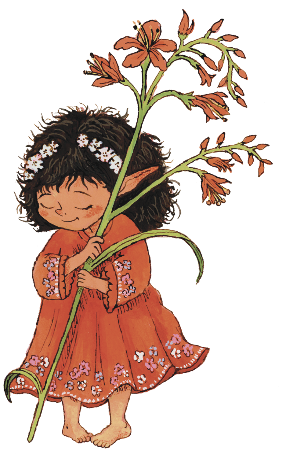 A young girl with curly dark hair, wearing an orange dress with floral embroidery, is barefoot, smiling with closed eyes, and holding a large orange flower with multiple blooms and green stem.