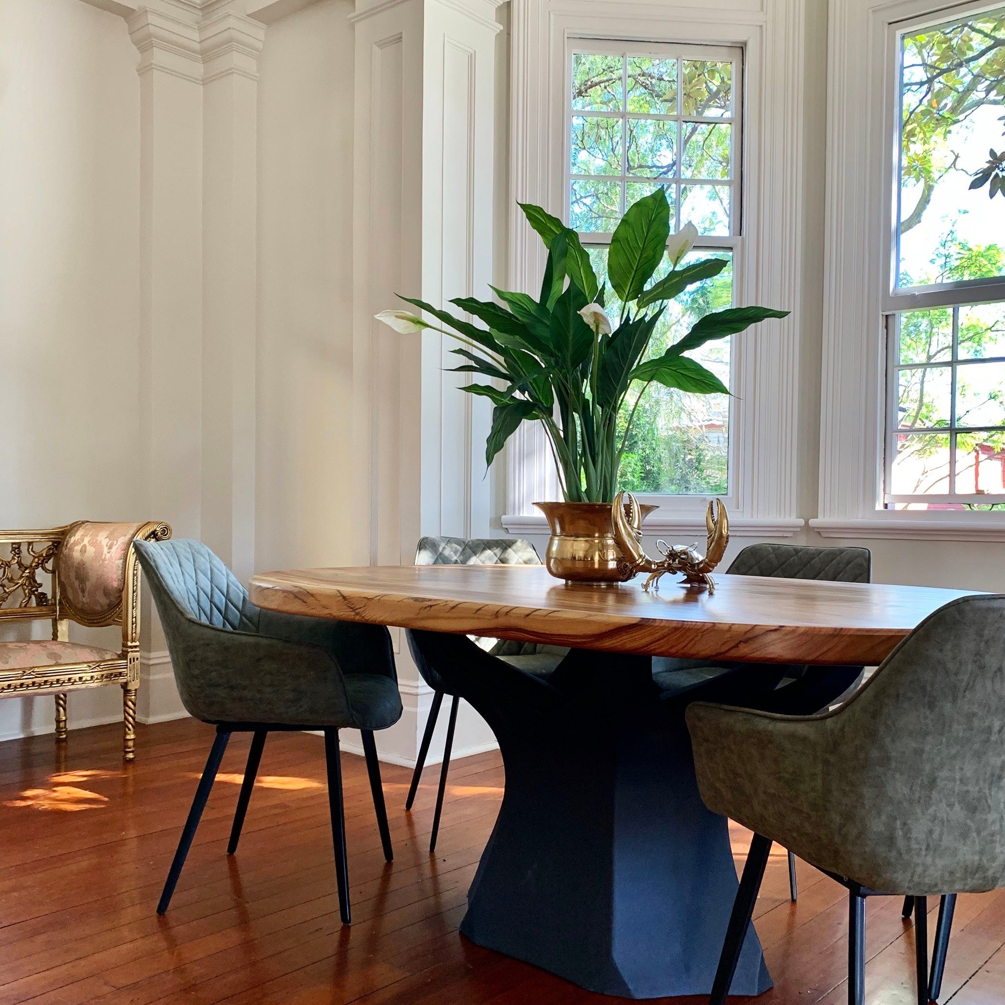 Custom designed dining table styled by a professional organiser. Slab Wooden table, surrounded by green upholstered chairs, featuring a large plant centerpiece in a brass pot. Natural light enters through large windows.