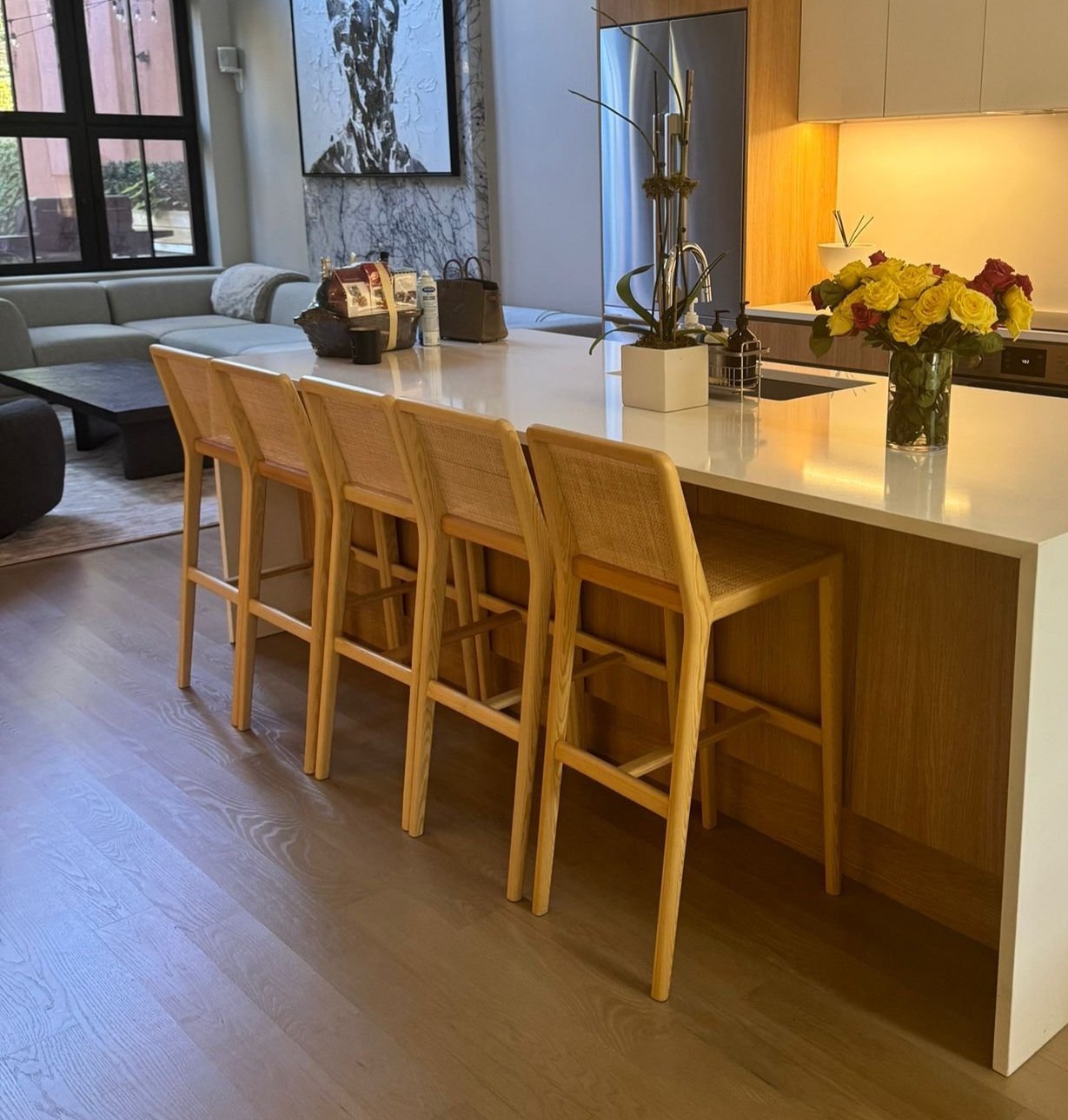 Skyline Bar & Kitchen Stool – Warm Honey | Yellow-Toned Wood Chair with Handwoven Rattan
