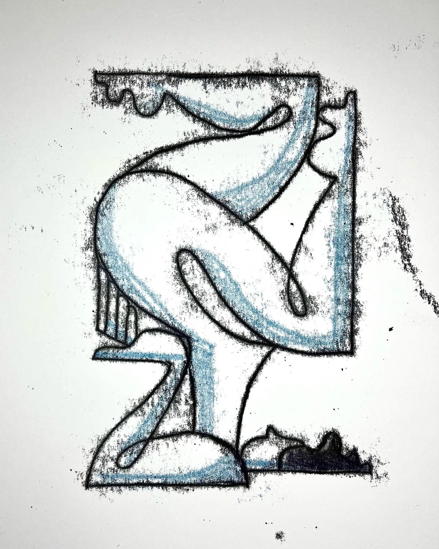 &lsquo;Balance&rsquo;
Black and blue 2 layer monoprint.
👉 swipe to see process - drawing on the back in the print, balancing my hand with a DIY spoon mahlstick. Print made with my pretty useless but cute assistant 👶 on my back.
.
.
.
.
#monoprint #
