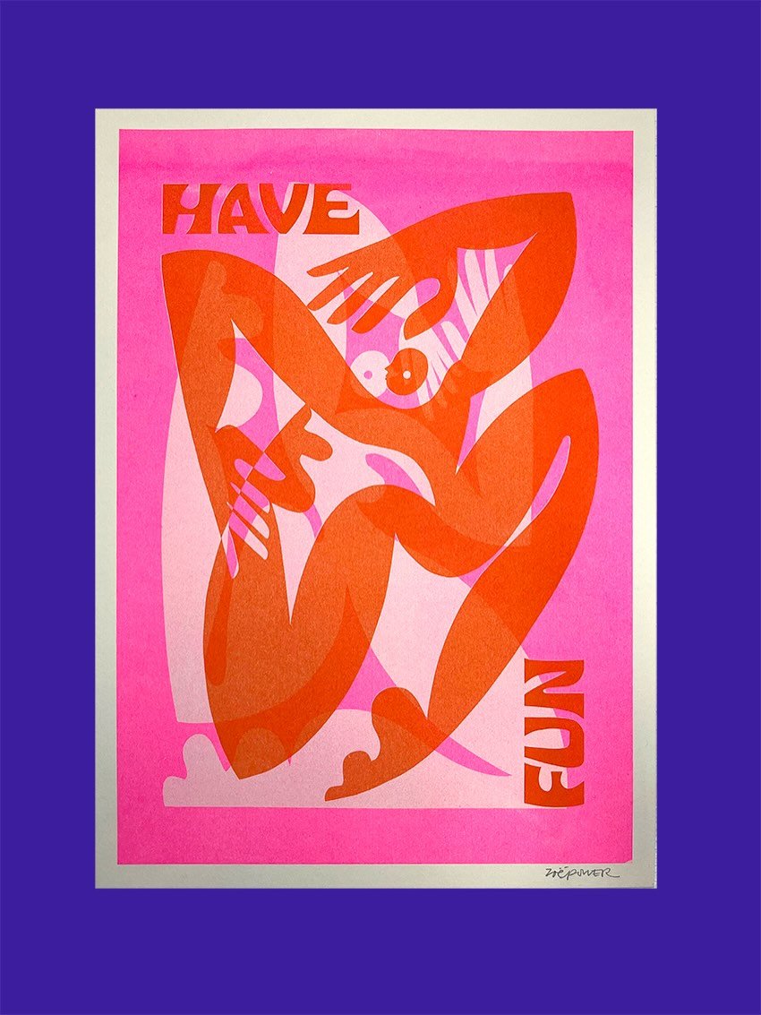 &lsquo;Have Fun&rsquo; (for free)
💋 
A little reminder to make time for the free joys in life. 
Another #risograph print from my Manifesto project is available in my shop. 
.
.
#print #riso