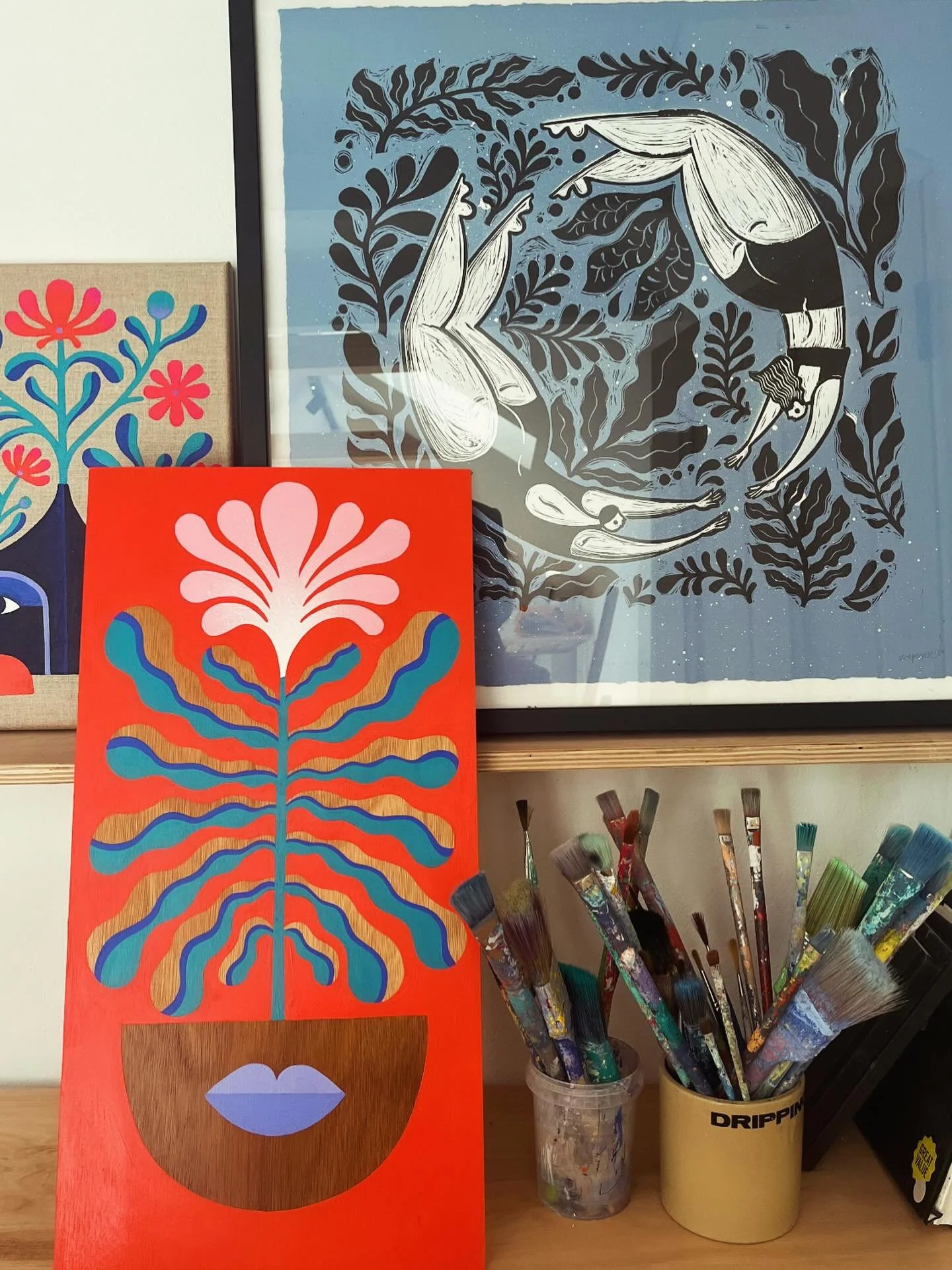 My favourite corner of the studio , featuring my &lsquo;Our Rivers&rsquo; print and a new painting, both of expooring the idea of rewilding our minds / lives / bodies.
.
.
.
.
#artstudio #paintstudio #zoepower #bristolartist #homestudios