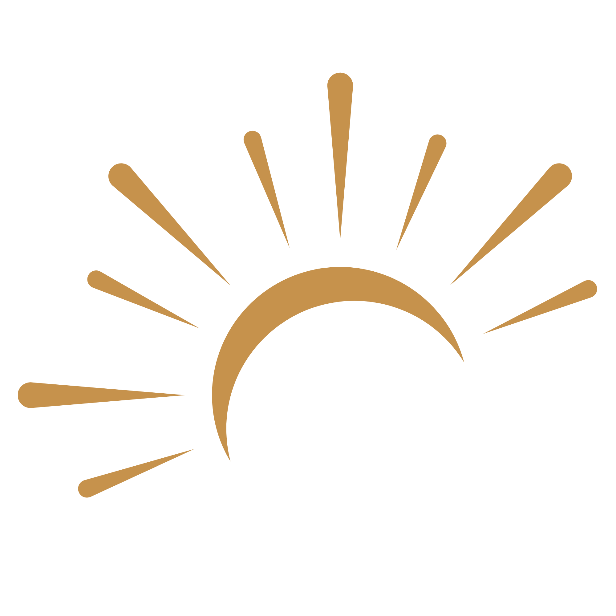 Gold and black sunrise or sunset illustration with rays emanating from a curved horizon line.