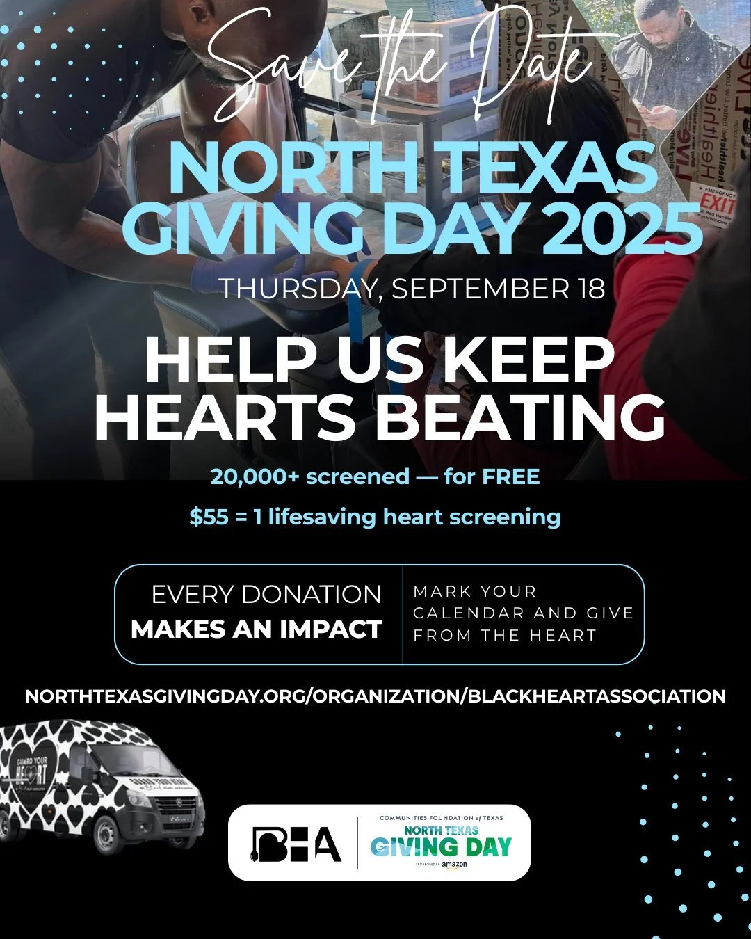 🖤 SAVE THE DATE 💙⁠
We&rsquo;ve screened 20,000+ people for heart disease &mdash; for FREE. But we can&rsquo;t do it without your help.⁠
⁠
🩺 Just $55 provides a free heart screening for someone in need.⁠
📅 Mark your calendar for North Texas Giving