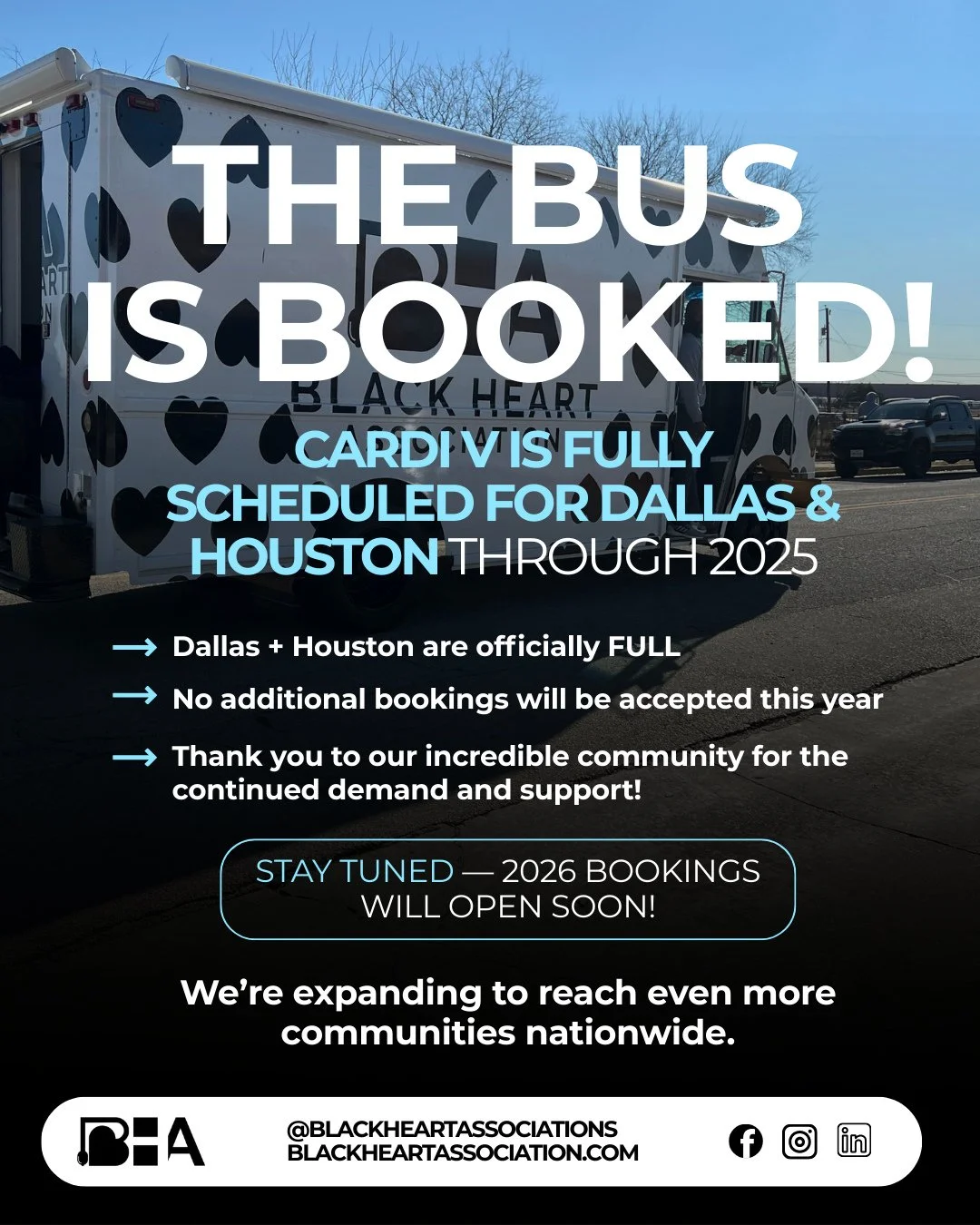 🚨 BIG NEWS 🚨⁠
⁠
Cardi V &mdash; our beloved mobile heart screening bus &mdash; is officially BOOKED OUT in Dallas + Houston through the rest of 2025. 🖤💙⁠
⁠
We&rsquo;re honored to be in such high demand &mdash; and we&rsquo;re grateful to every pa