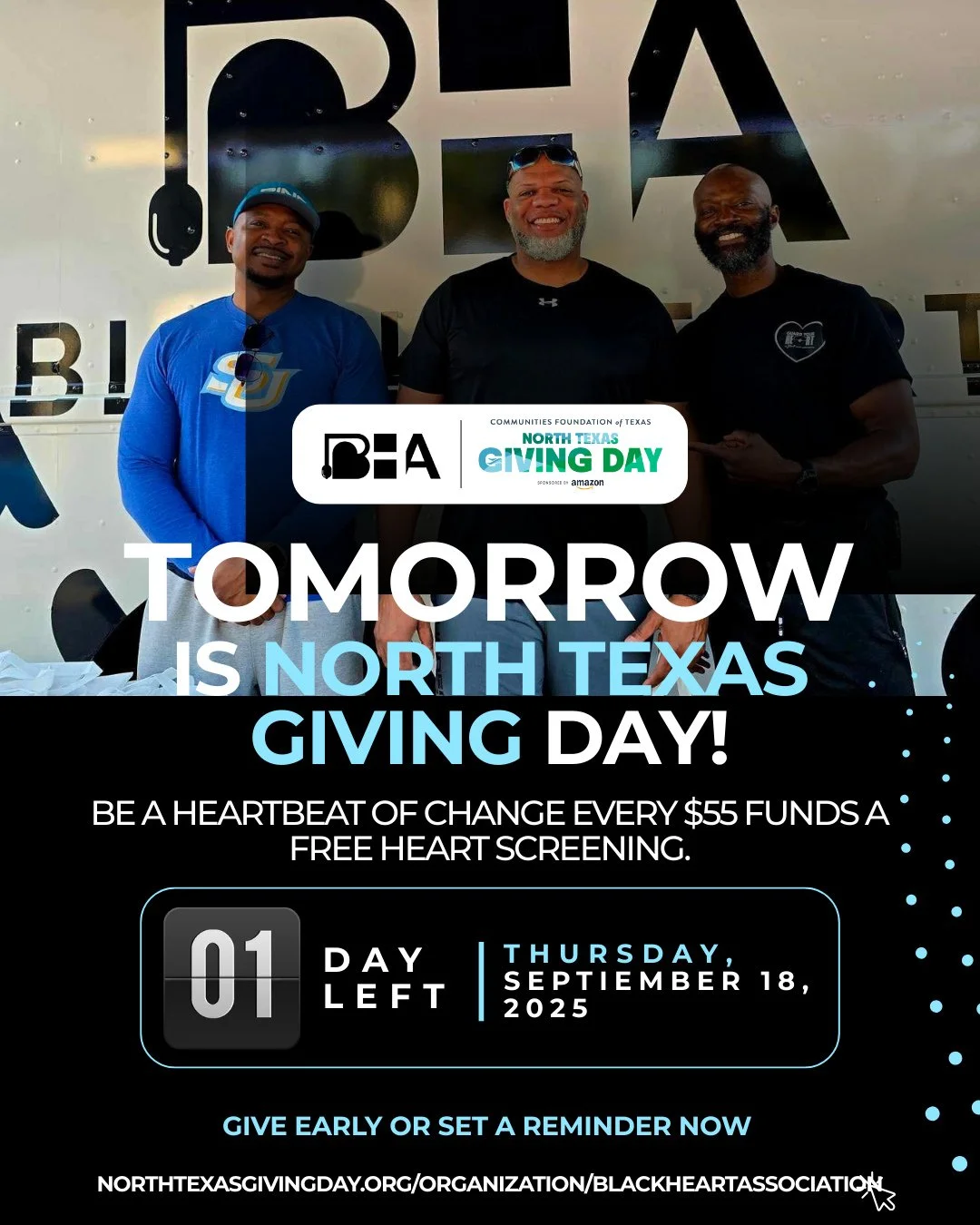 🫀 TOMORROW is the day!⁠
⁠
North Texas Giving Day is almost here &mdash; and your support can help us fight heart disease where it starts: in our communities.⁠
⁠
💙 Every $55 provides 1 FREE heart screening⁠
📍 Over 20,000 people already screened nat