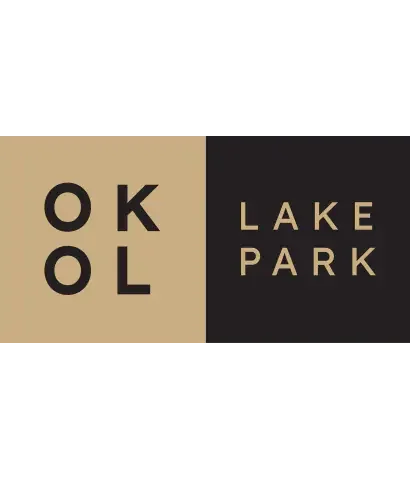 Logo for OKOL Lake Park, with a beige and black background and modern font.