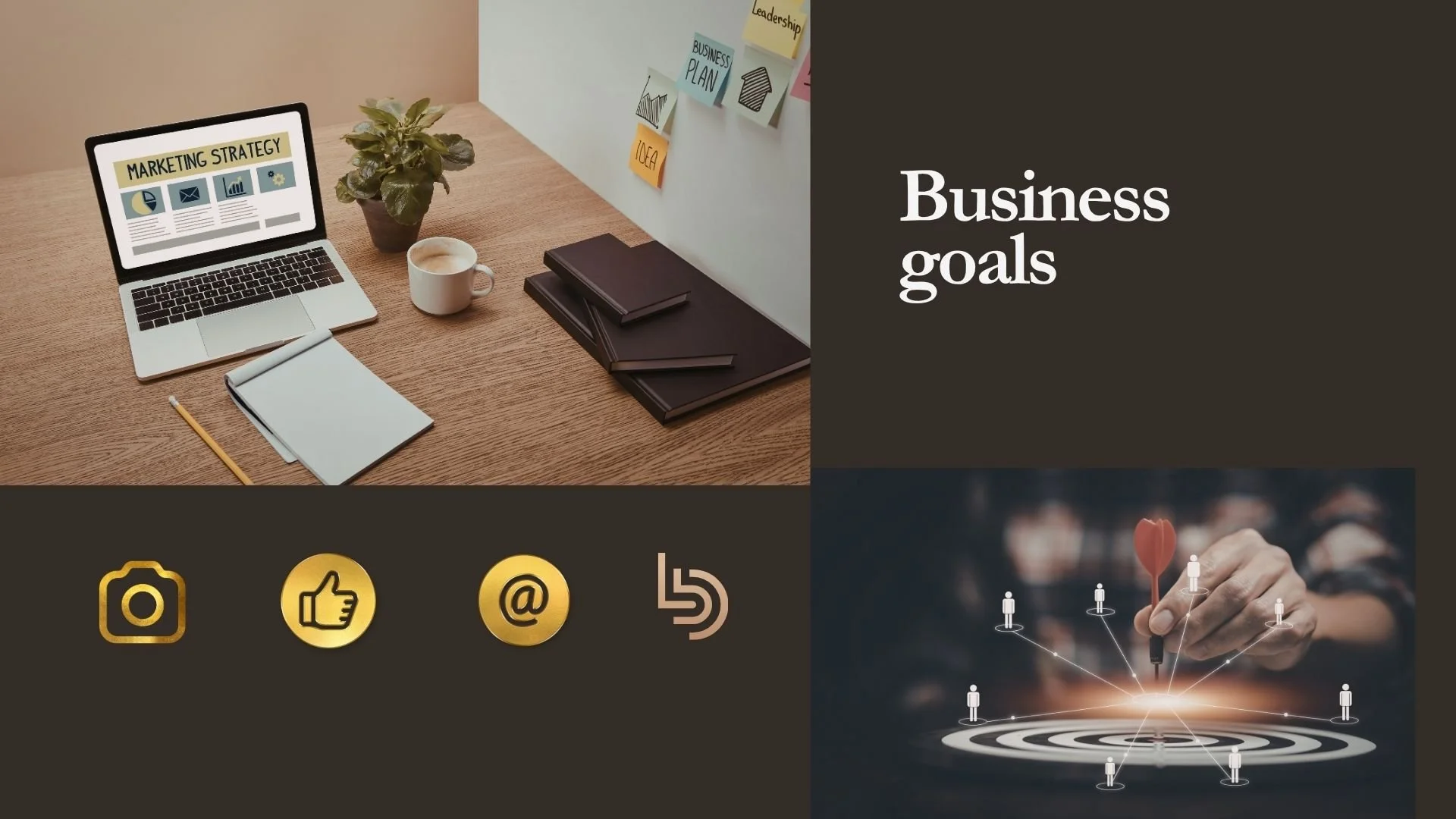 A business goal displaying a marketing strategy, a desk setup with notebooks, social media icons, and a hand hitting a target with a dart representing audience targeting.