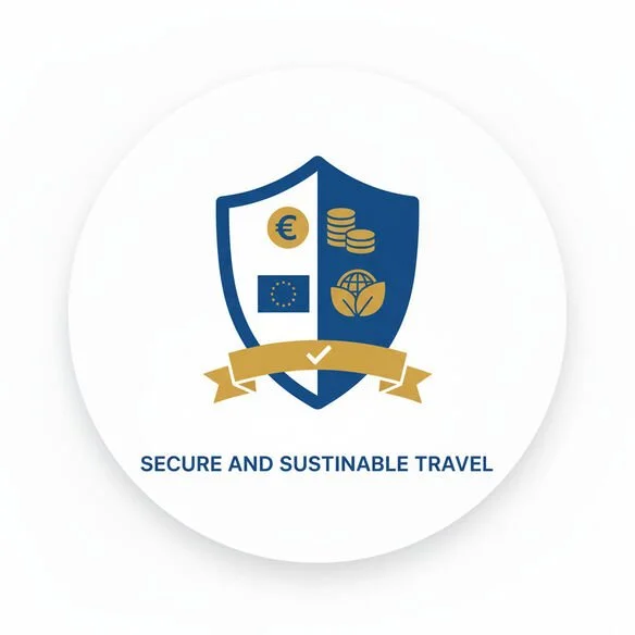 An icon of a shield with four quadrants. Inside are a Euro currency symbol, a stack of coins, a European Union flag, and a leaf over a globe. A banner at the bottom has a checkmark.