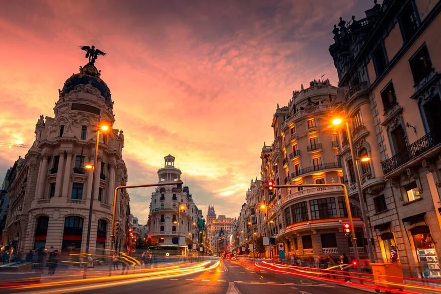 Luxury Travel to Madrid: View of Gran Vía and high-end shopping in Spain's capital.