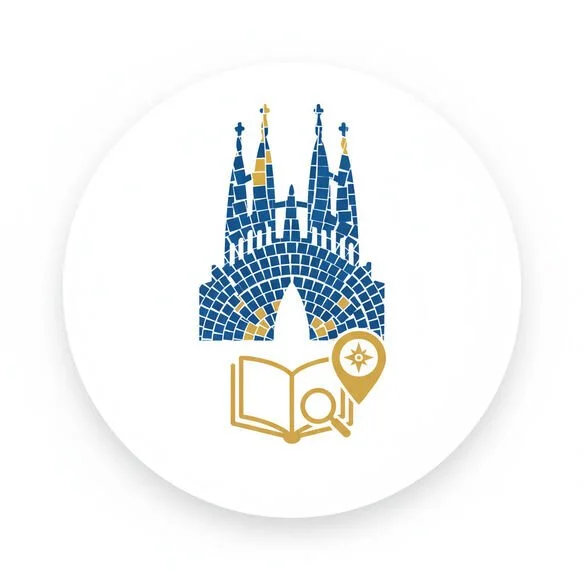 An icon showing the Sagrada Família cathedral, a book, a magnifying glass, and a location pin with a compass rose. The image represents deep knowledge and guided exploration of Barcelona's landmarks.
