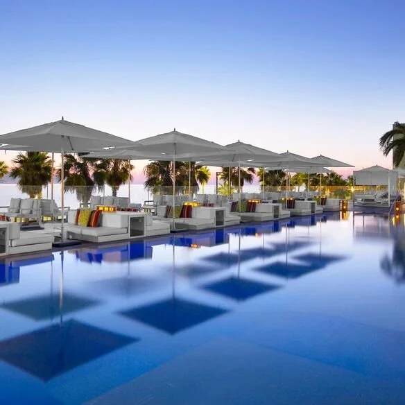WET Deck pool area at W Barcelona, a luxury beachfront hotel in Barceloneta, Spain