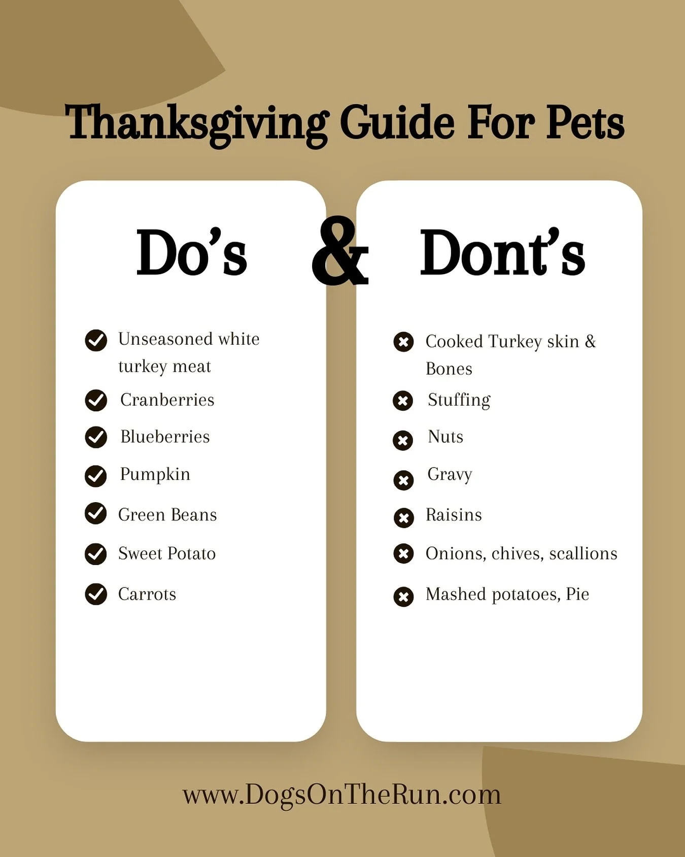 Safety is your pets number one priority so this holiday season it is important to keep in mind what foods are ok and not ok for our beloved pups.

Learn more at www.DogsOnTheRun.com!

#dogsontherun #petsafety #dogfood #thanksgiving