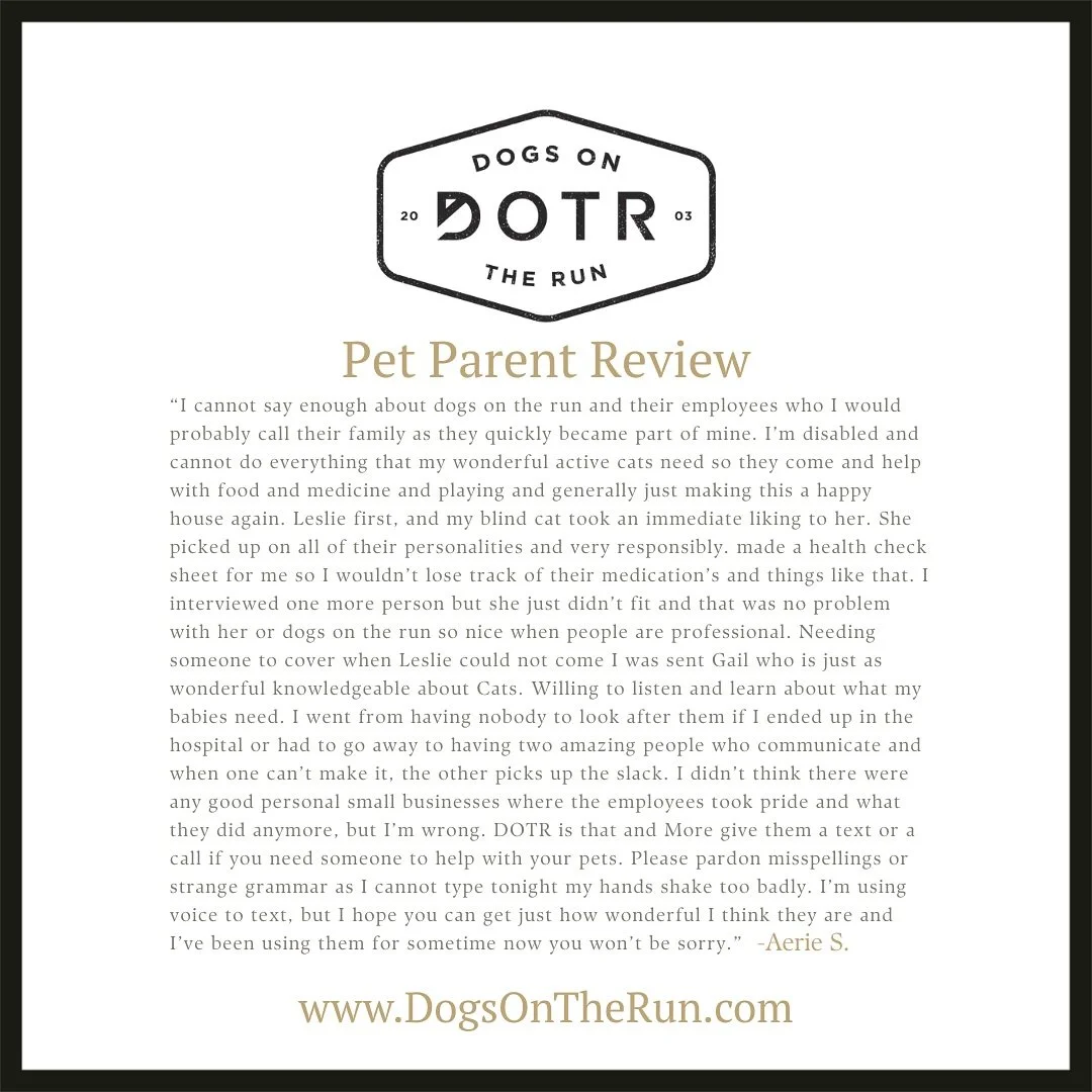 Your kind words mean the world to us! Thank you for trusting Dogs On The Run with your beloved pup!

Learn more at www.DogsOnTheRun.com

#dogsontherun #fivestarreview #clienttestimonial #petcare #petservices