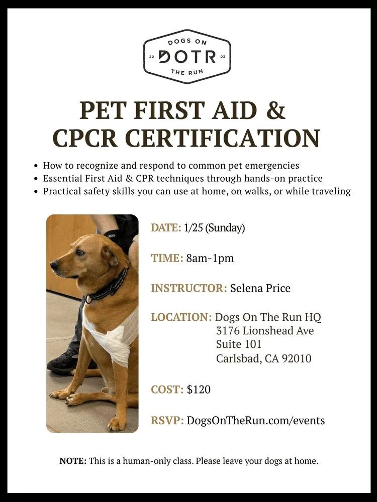 Be prepared for the unexpected. Join us Sunday, January 25 for our Pet First Aid &amp; CPCR Certification class.

Learn how to recognize common emergencies and practice essential CPR techniques hands-on.

Details: 8am - 1pm DOTR HQ, Carlsbad, $120 (H