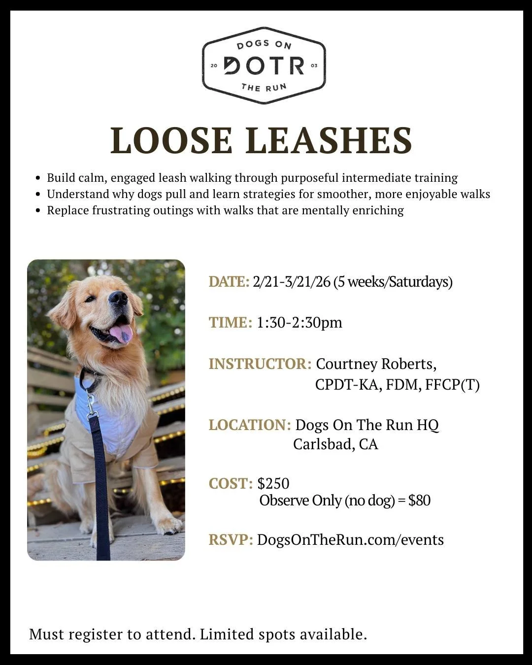 Tired of being dragged down the street? Our Loose Leashes class starts THIS SATURDAY and spots are filling fast. Learn why dogs pull and build calm, engaged leash walking through purposeful training. Replace frustrating outings with walks that are me