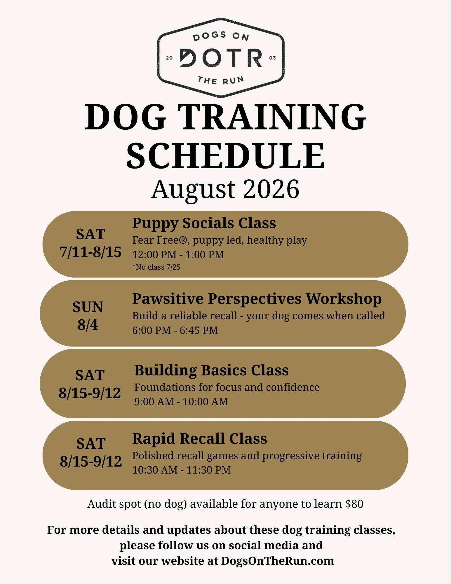 Ready to learn, grow, and have some fun with your dog this August?! 🐾

Our Group Dog Training Class Schedule for August is here! Whether you're looking to build confidence, strengthen everyday skills, or enjoy quality time with your pup, our group d
