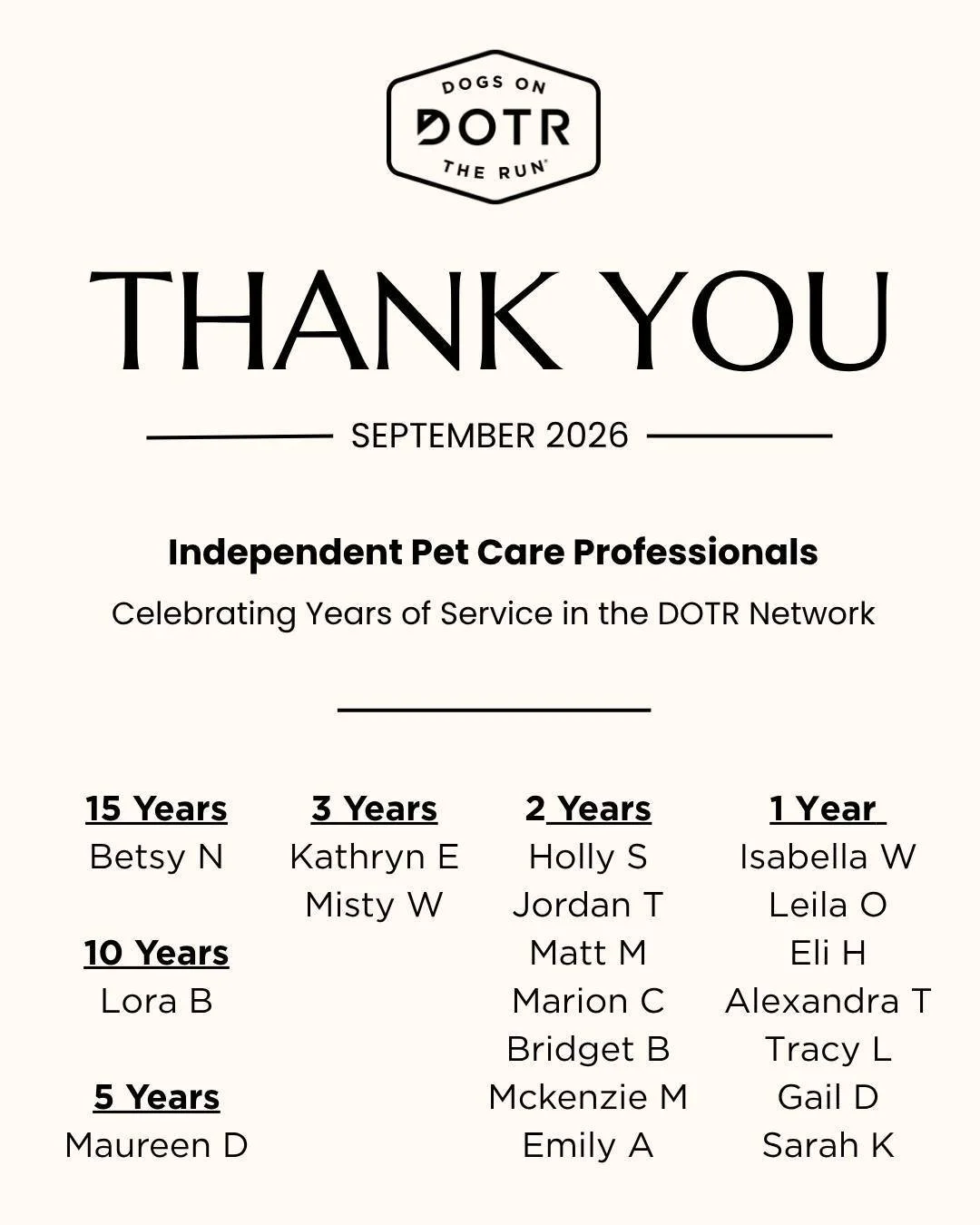 Would you consider the same work for fifteen years still work? Or a passion? 

This month we are recognizing the independent Pet Care Professionals who have been part of the DOTR community for one year, to three, ten, and in Betsy's case, even fiftee