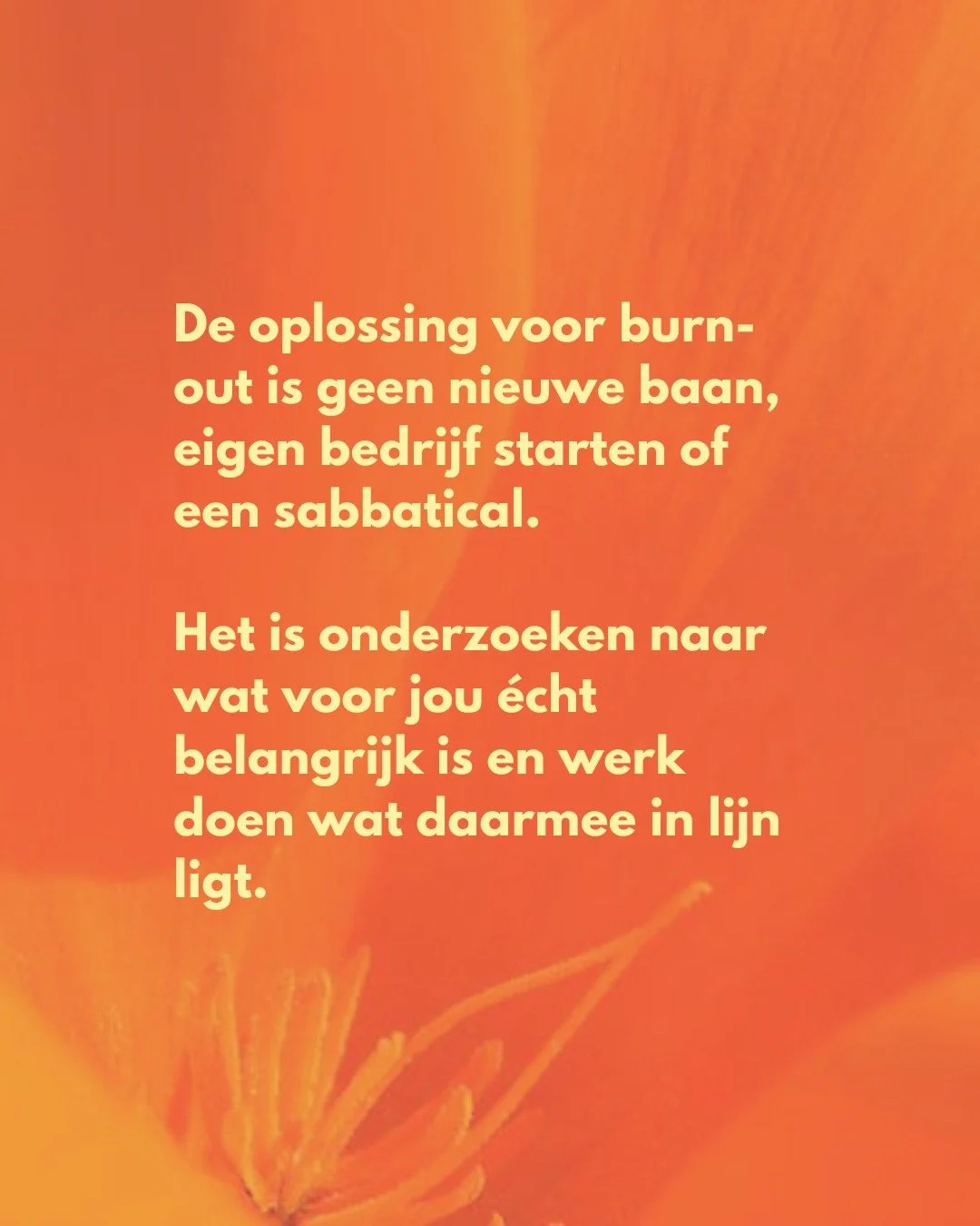 Ik zie vaak dat mensen na een burn-out denken: ik moet alles anders doen. Een nieuwe baan, een eigen bedrijf starten of een wereldreis maken. 

Maar vaak is het geen radicale verandering die je nodig hebt. Het is een re-evaluatie van jouw kernwaarden