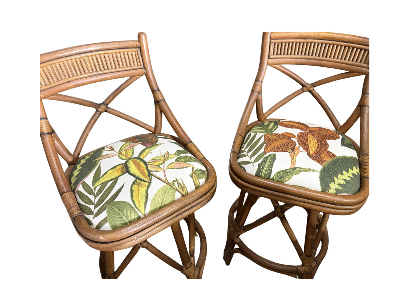 Rare trio of x-Back Bamboo Swivel Counter Stools (3) - Refurbished and Reupholstered