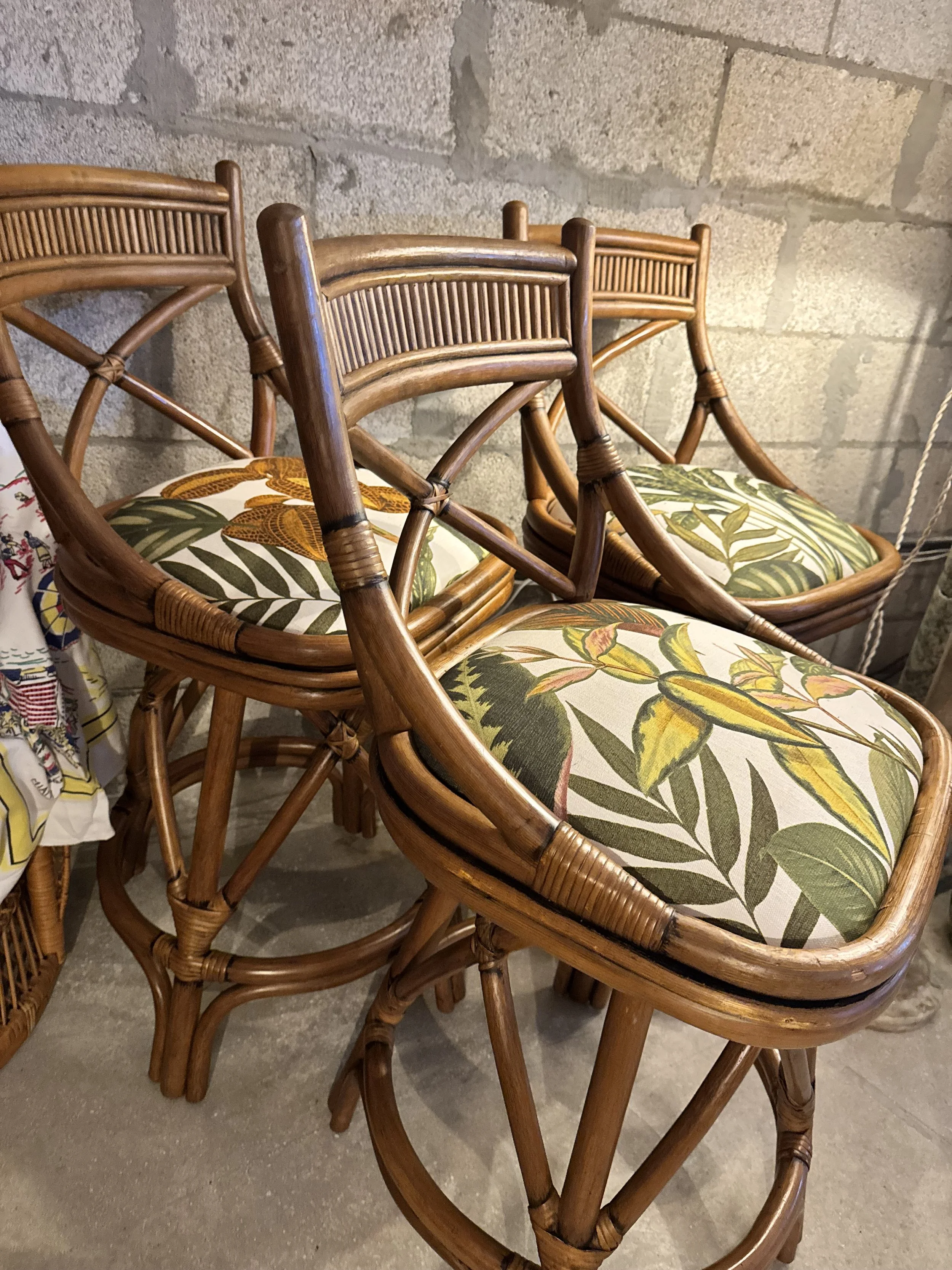Rare trio of x-Back Bamboo Swivel Counter Stools (3) - Refurbished and Reupholstered