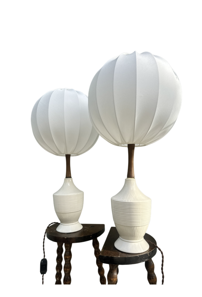 White MCM Ribbed Ceramic Lamps with globe shade — Rewired Pair