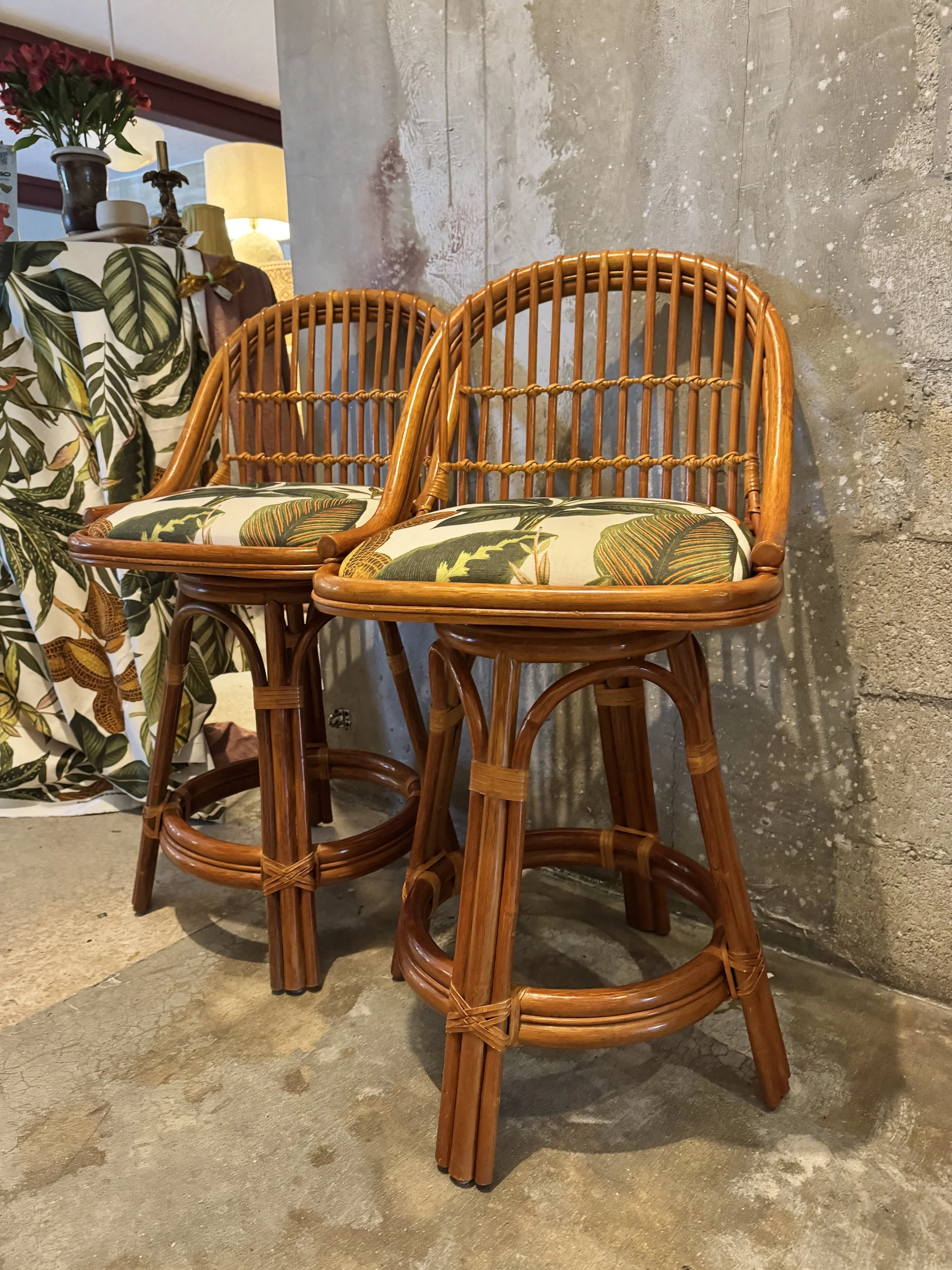 Arched Spindle Rattan Swivel Stools (Set of 2)