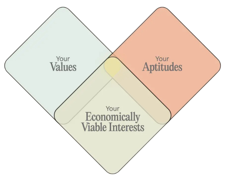 A Venn diagram illustrating the intersection of three areas: Your Values, Your Aptitudes, and Your Economically Viable Interests.