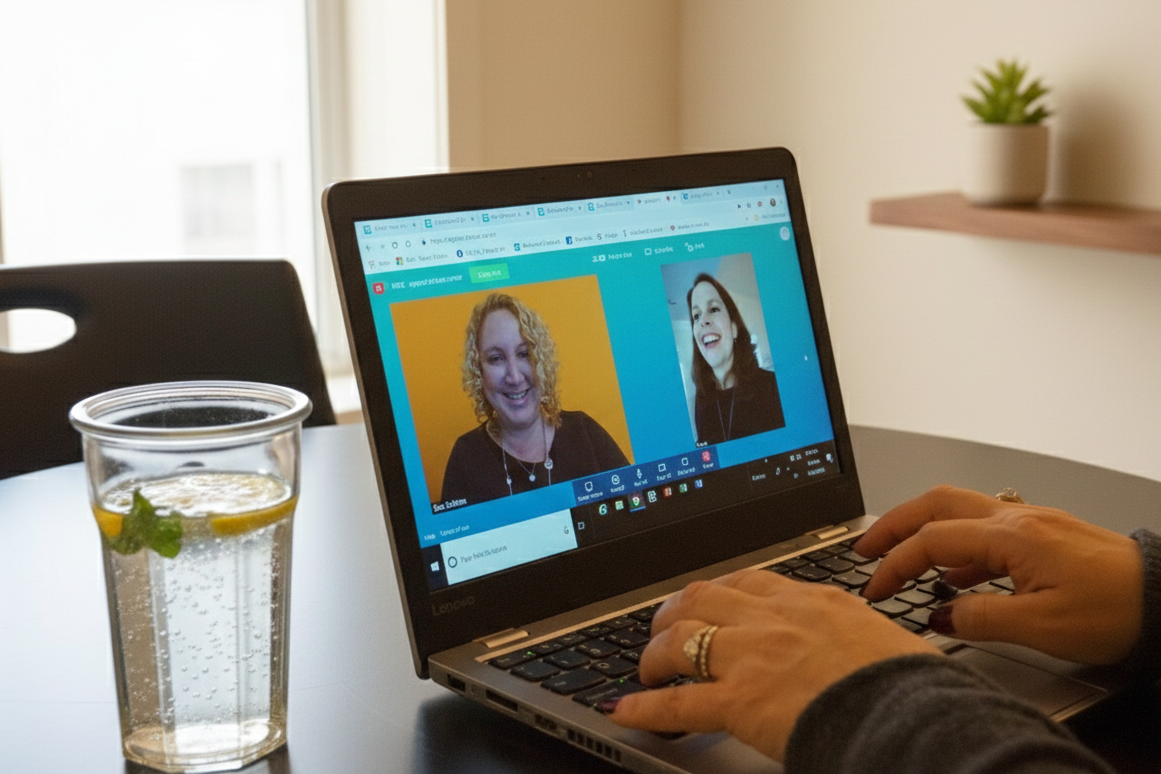A person using a laptop to have a video call with two women, one with curly blonde hair and the other with straight dark hair, in a bright room with a plant on a shelf and a glass of water with lemon on the table.