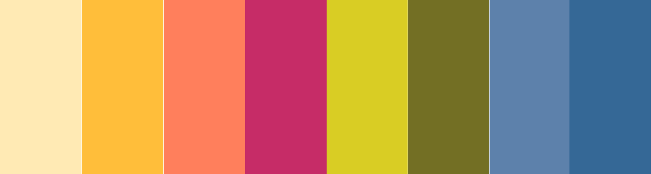 A horizontal digital color palette featuring eight distinct color swatches: cream, warm yellow, coral pink, vibrant magenta, lime yellow, olive green, slate blue, and deep ocean blue.
