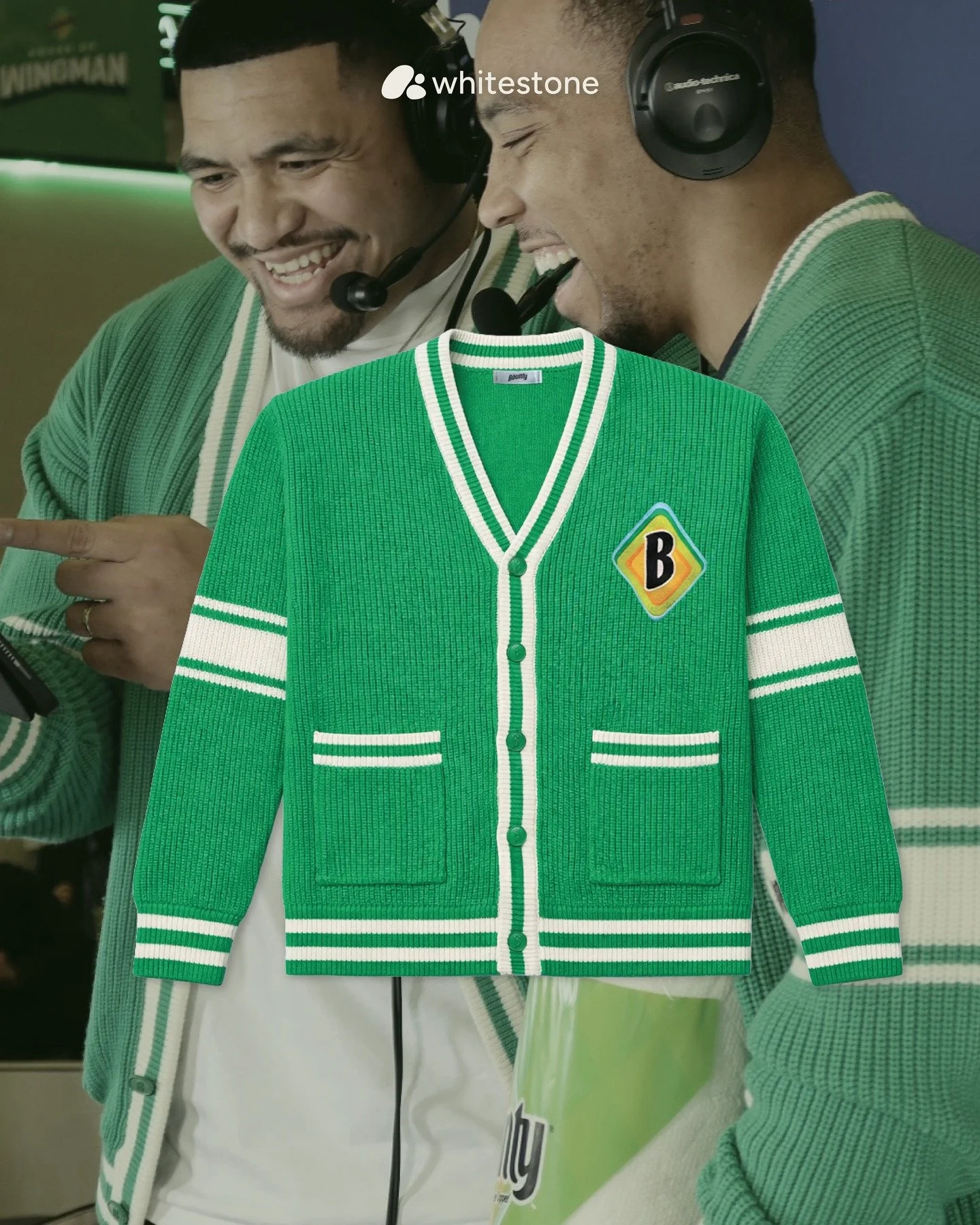 Still obsessing over these fully custom cardigans we created for @bountypapertowels 

Debuted at the Super Bowl Radio Row, these cardigans stood out with a varsity vibe and elevated branding hits that NFL players actually wanted to wear. 

It's proof
