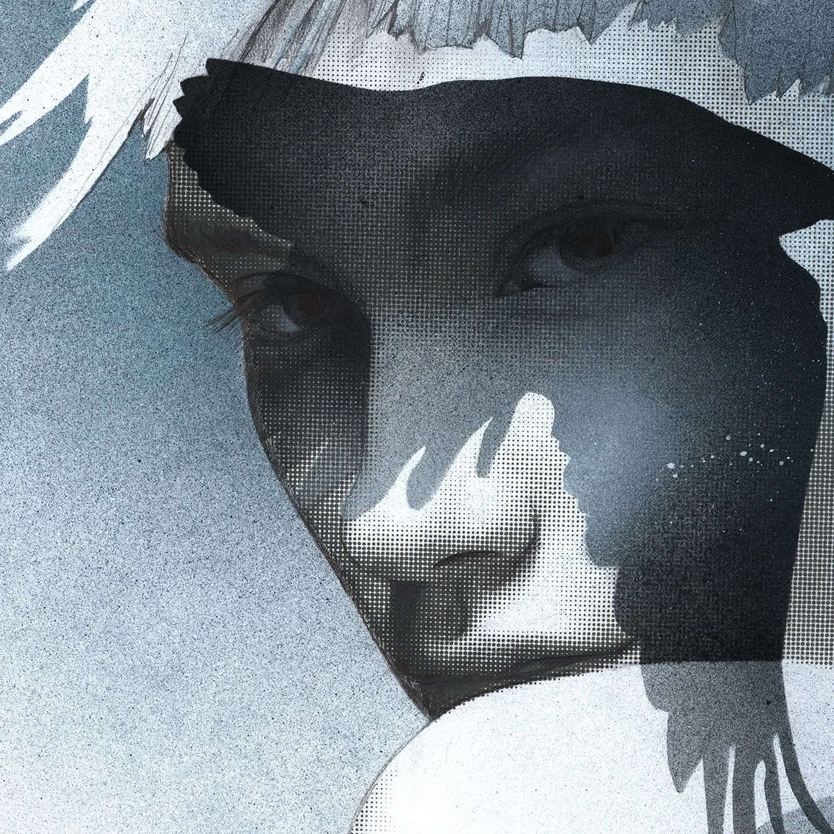 Close-up of a woman's face with ink-like black and white artistic shading, partially obscured by a white abstract shape.