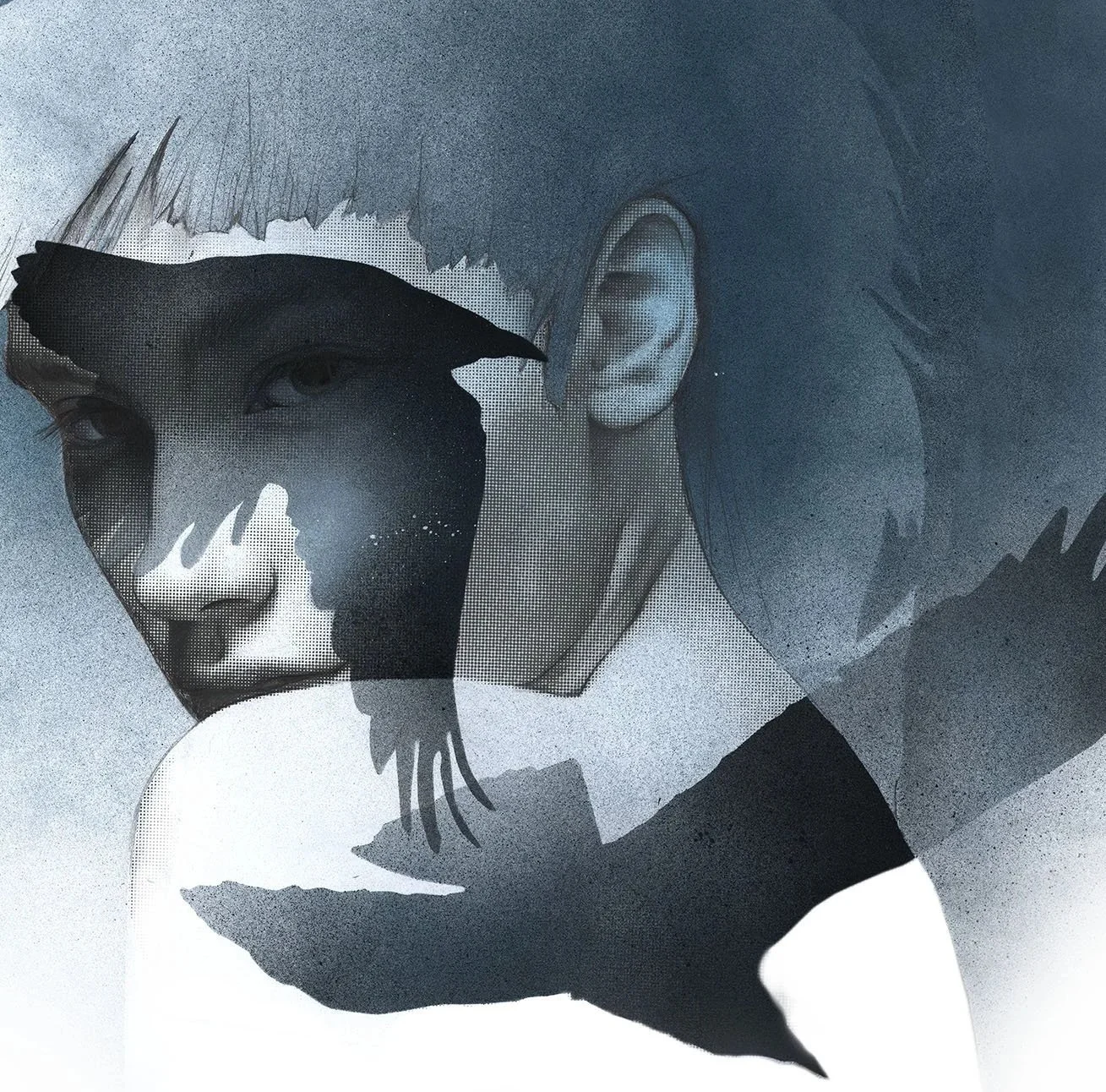 A monochrome, artistic collage of a woman's face, with one half realistically detailed and the other half stylized, black and white, with background textures.