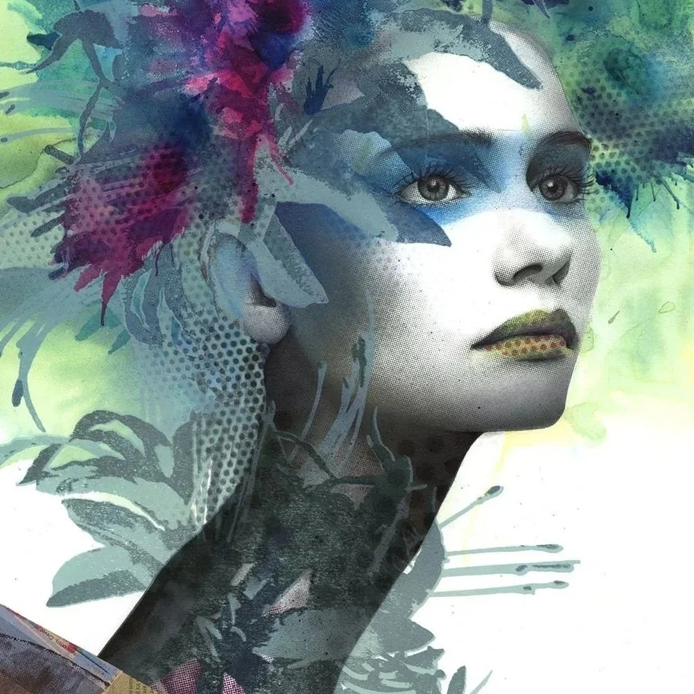 A digitally enhanced portrait of a woman with colorful, abstract floral elements blending into a watercolor background.