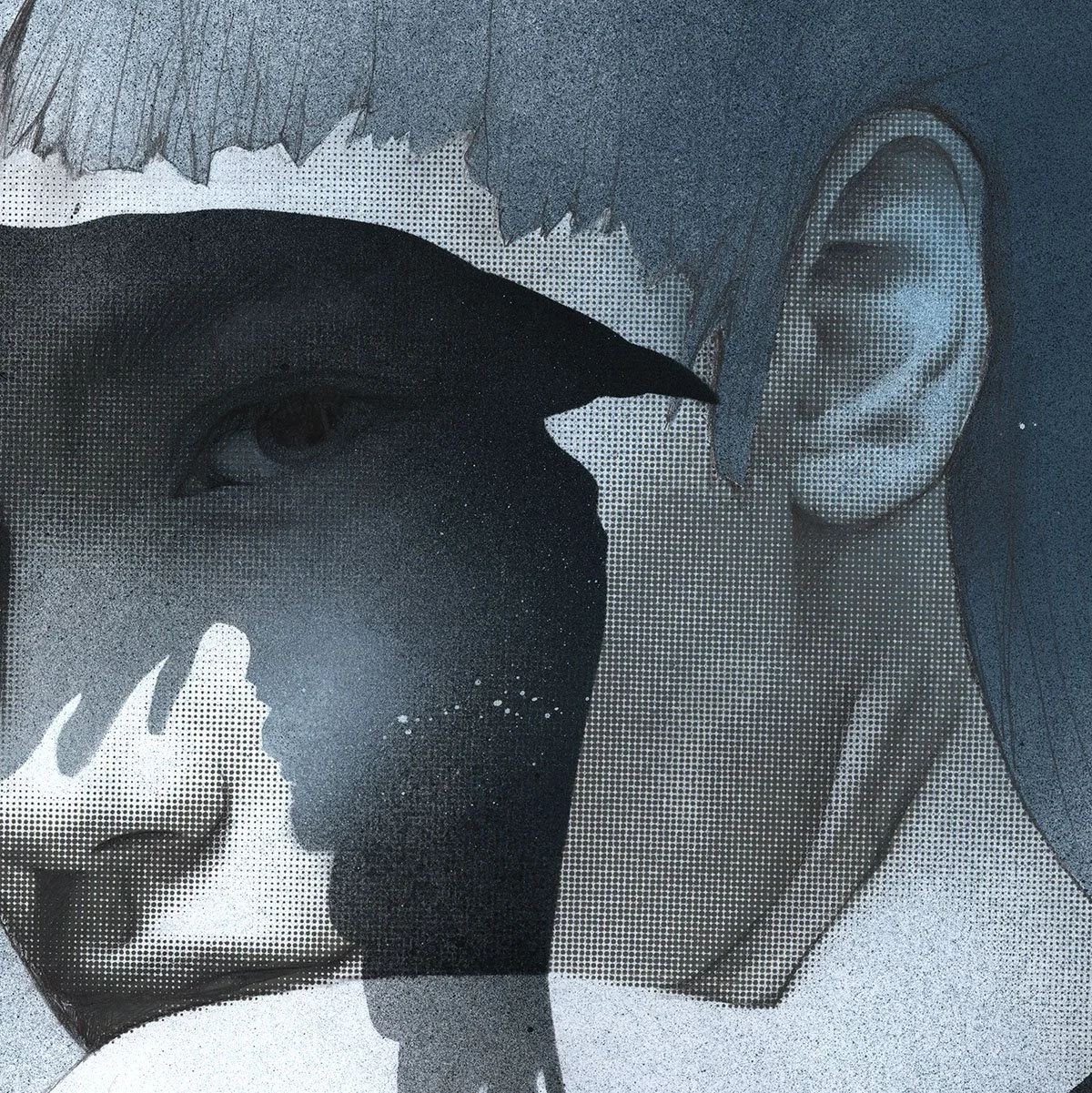 Close-up of a child's face partially obscured by a hand, with textured overlay, in a stylized monochrome digital artwork.