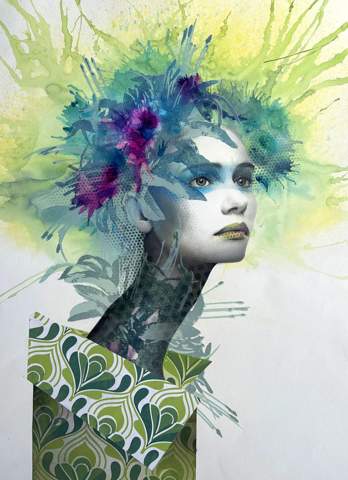 A mixed media artwork of a woman's face with vibrant colors, abstract shapes, and floral elements, blending photorealism with watercolor and collage styles.