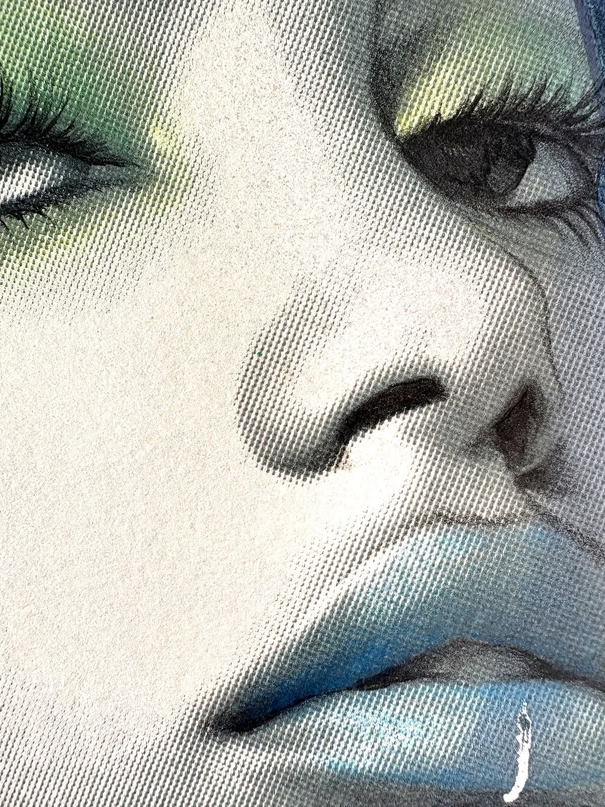 Close-up of a person's face with eyes closed, wearing makeup, depicted with a dotted, halftone effect.