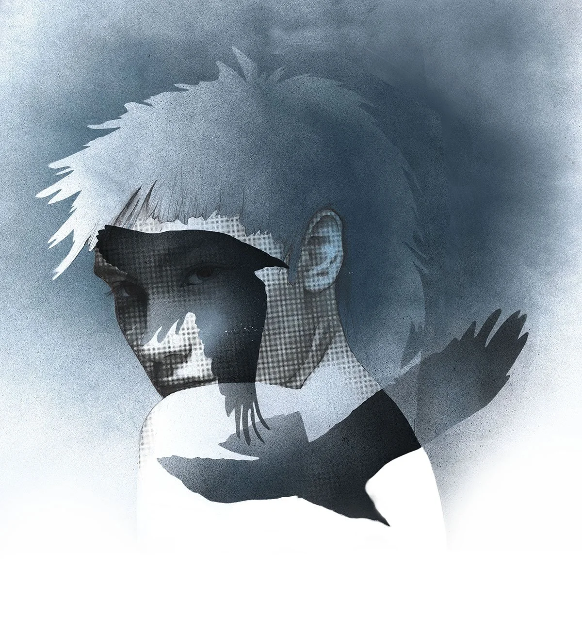 Artistic digital portrait of a young person with short, spiky hair, blending photographic and abstract styles with dark, light, and textured elements.
