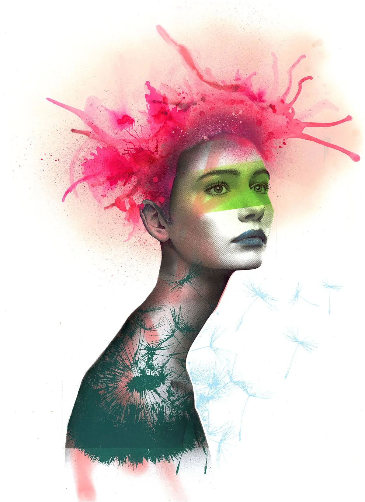 A digital artwork of a woman with a short hairstyle, colored with green and blue face paint, and surrounded by colorful abstract splashes and dandelion designs.