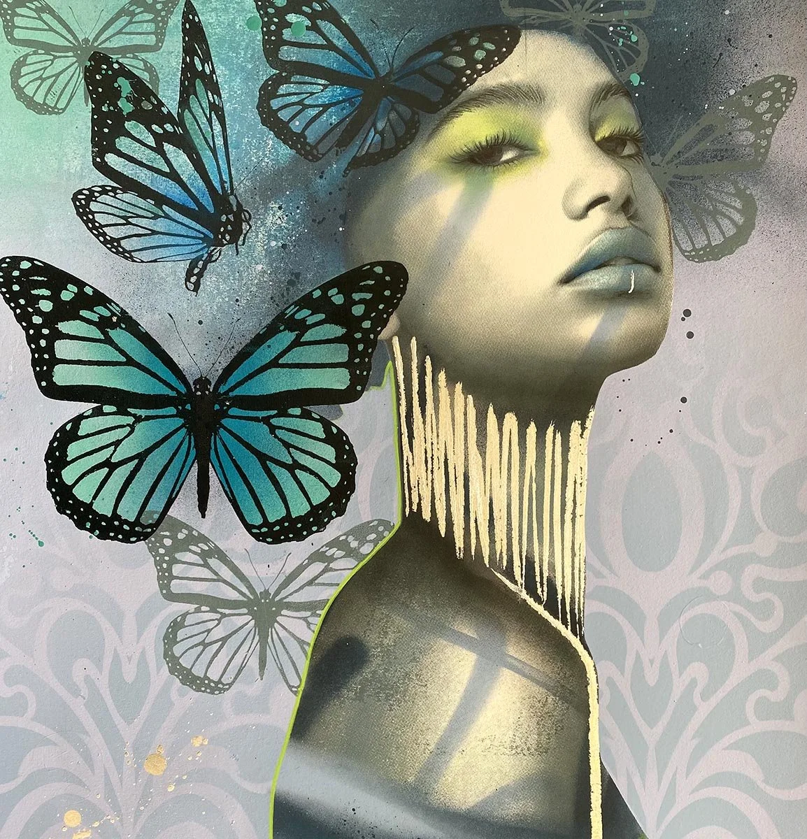 A surreal artwork of a woman's face with full lips, a nose piercing, and eye makeup, surrounded by blue and black butterflies. The woman's neck appears elongated and stylized with vertical lines, blending into a metallic textured background with intr