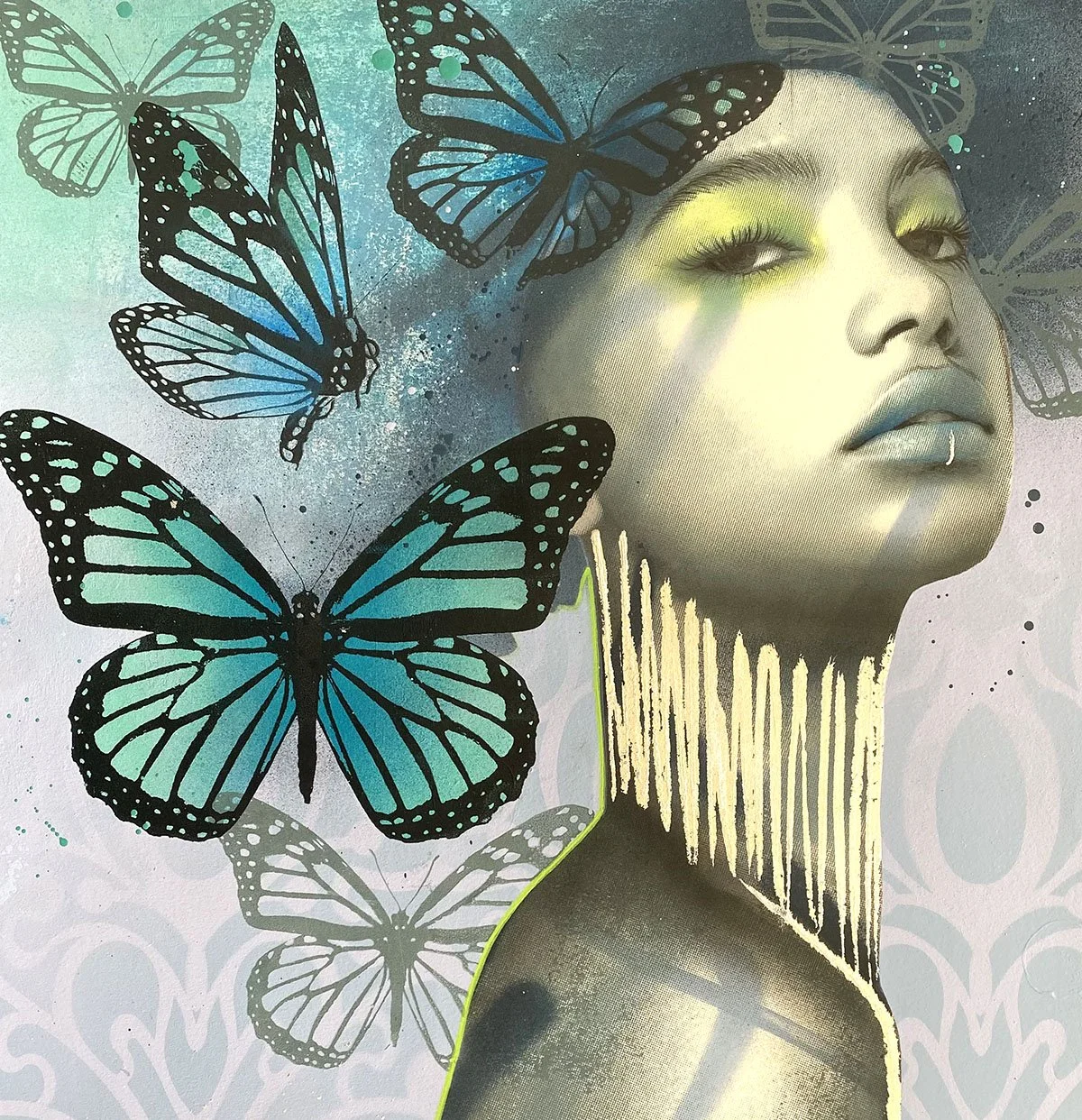 A surreal digital artwork of a woman's face with a pale complexion, yellow eyeshadow, and lips, surrounded by black and blue butterflies with transparent wings, and a stylized neck resembling painted vertical lines.