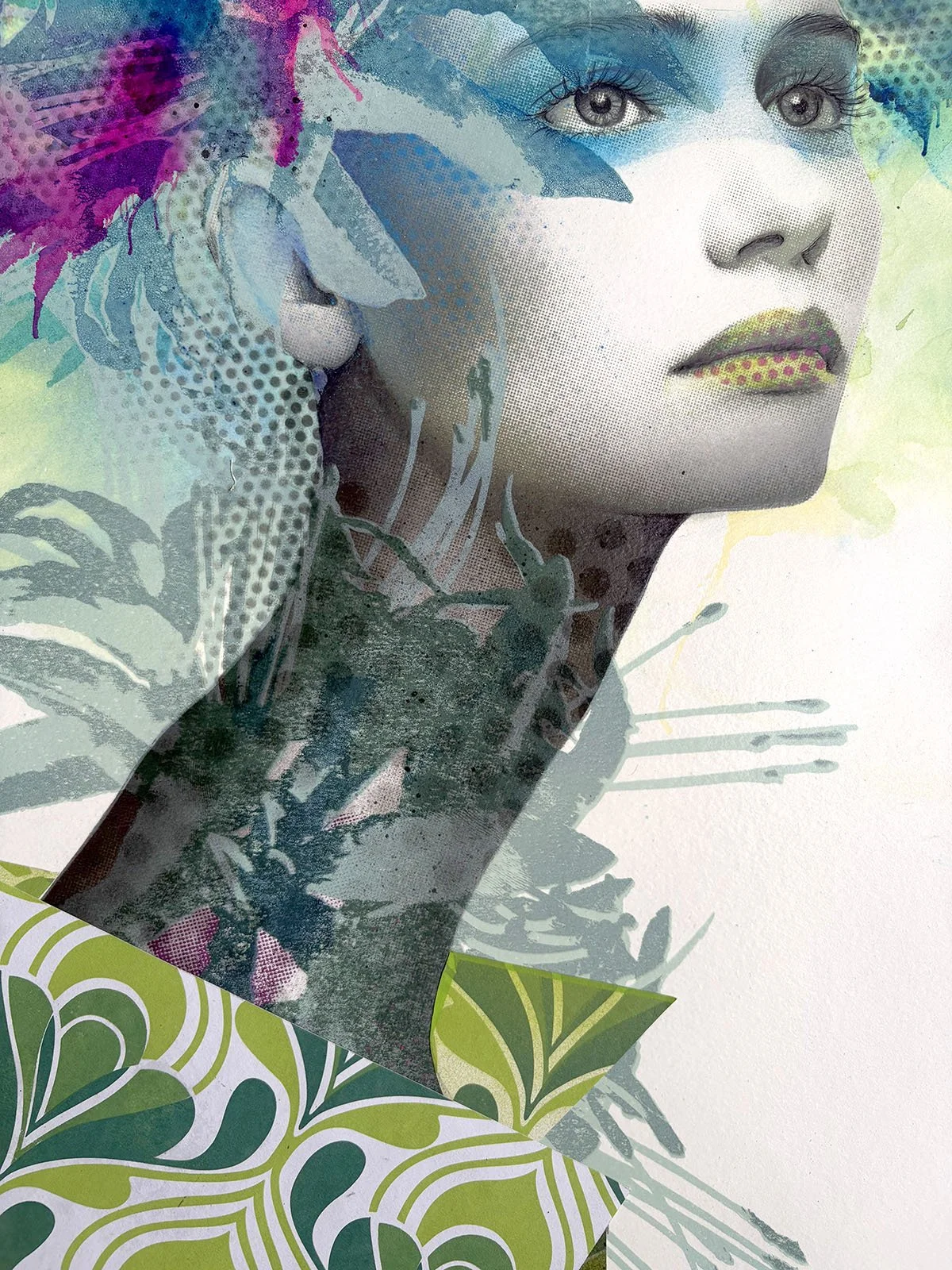 A mixed media artwork of a woman with long hair, rendered with watercolor effects, floral elements, and abstract patterns, blending realistic features with artistic distortions.