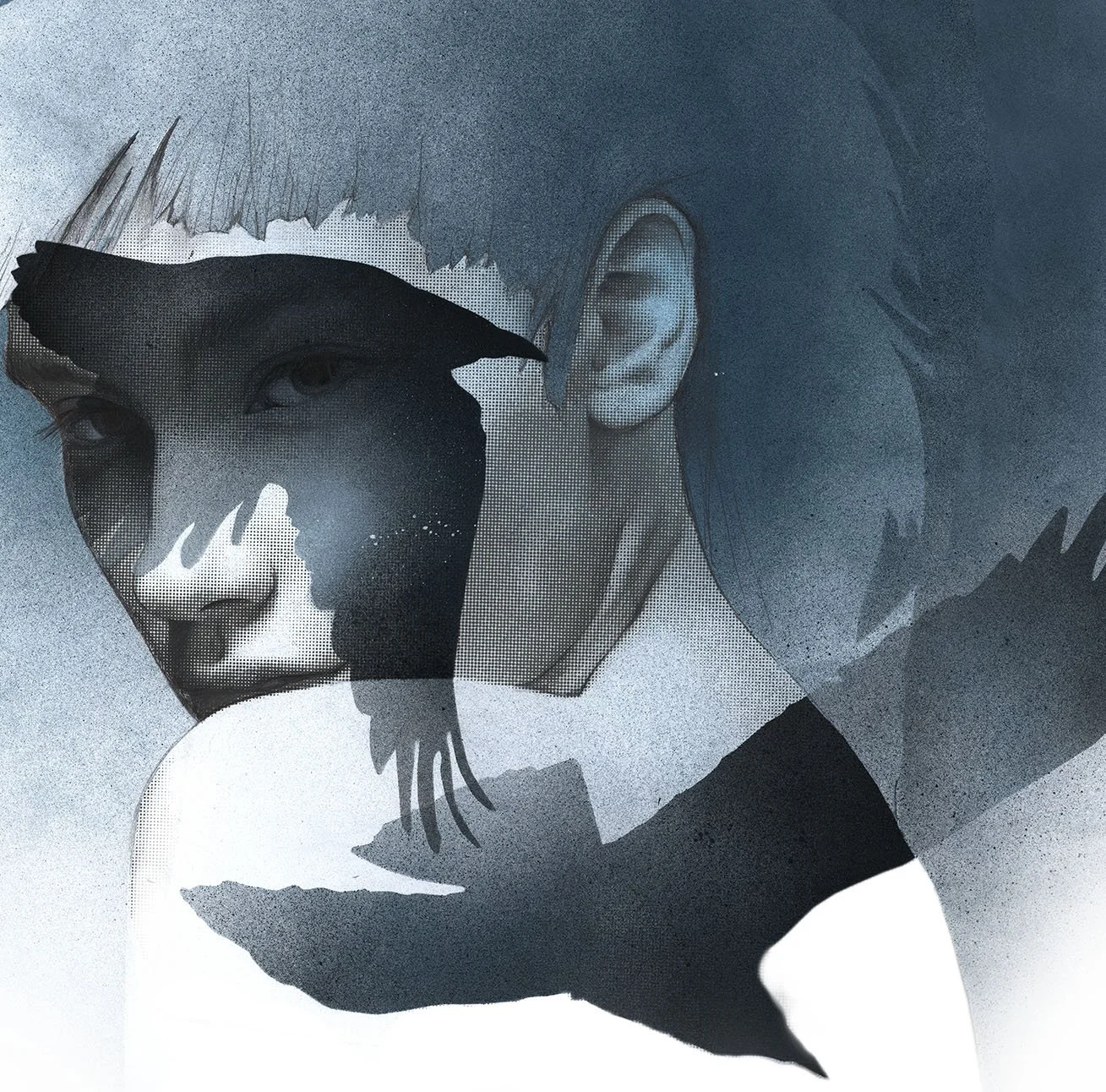 A modern, abstract artistic portrait of a young woman's face with short hair, created with a mix of realistic and stylized elements, primarily using shades of blue, black, and white.