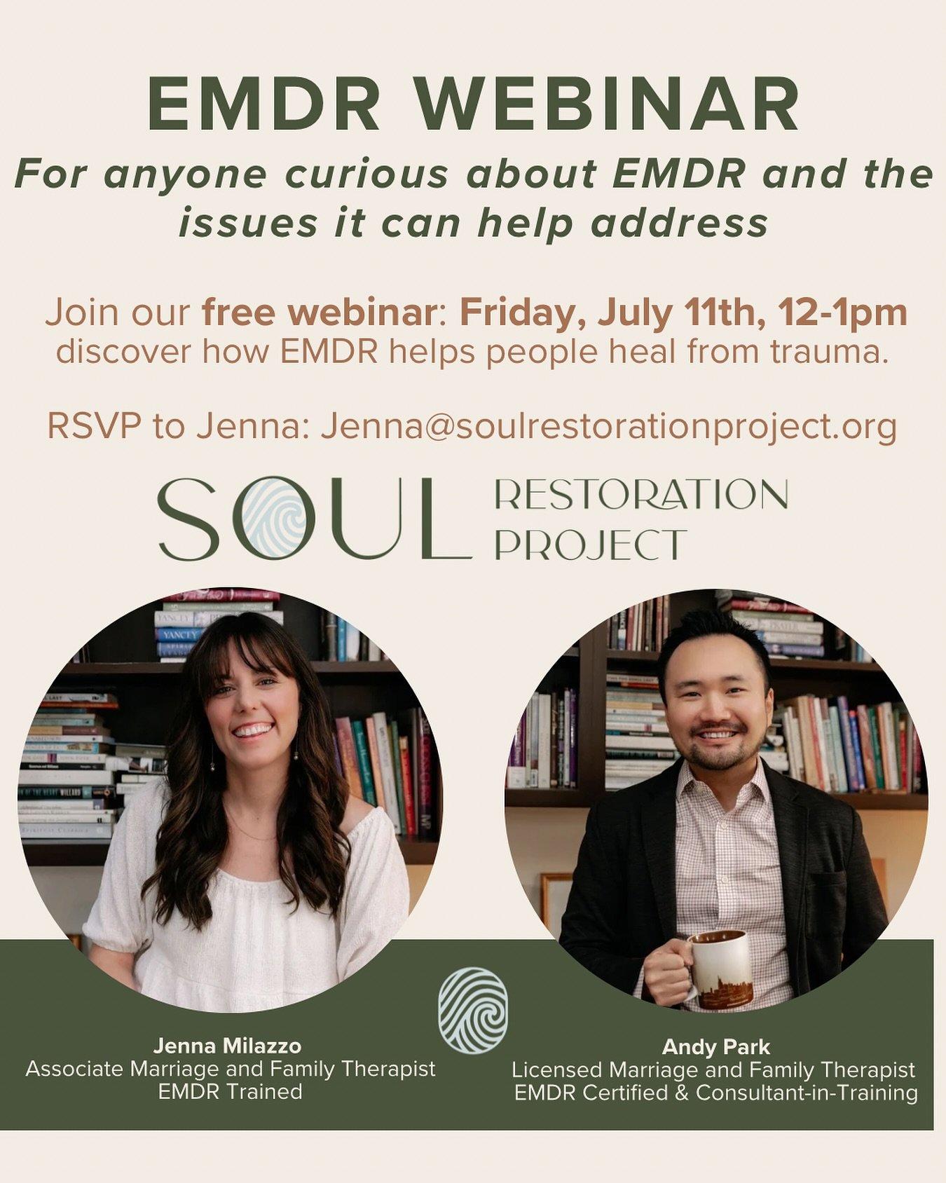 Wondering about EMDR and its benefits? Join our free webinar on Friday, July 11th, 12-1pm, and discover how EMDR helps people heal from trauma 🌱

Whether you&rsquo;re exploring EMDR for yourself or looking to better support others, all are welcome! 