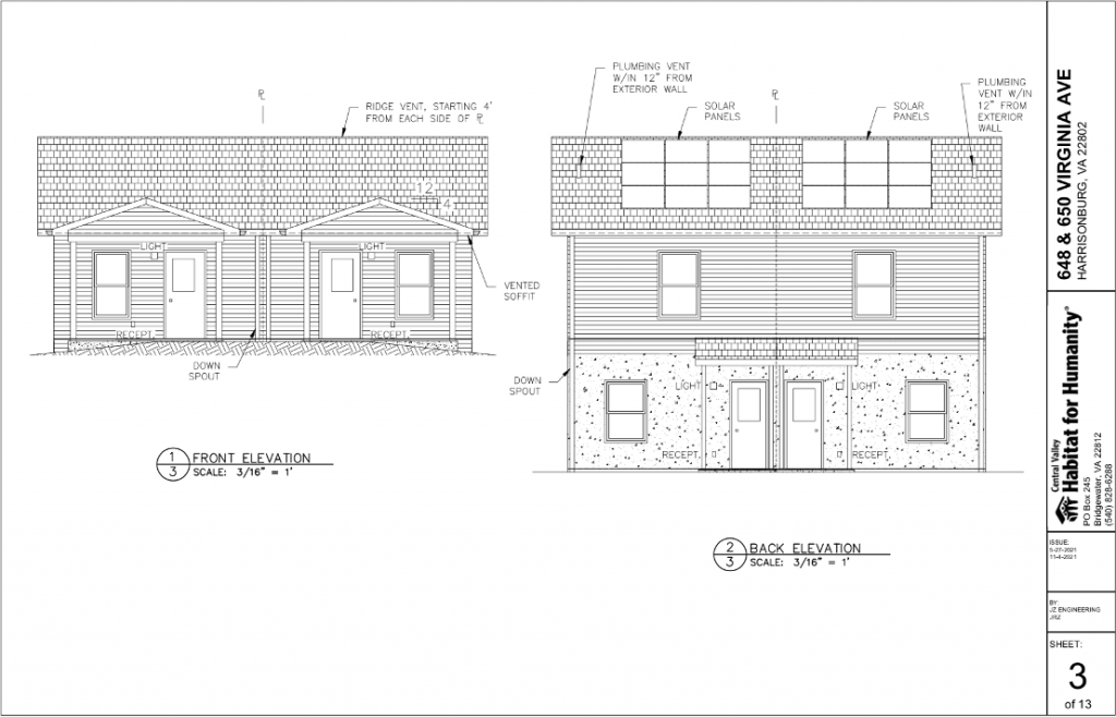 Sample house plan drawing 2, showing roof-mounted solar panel layout