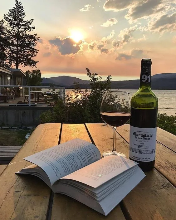 A scenic view of a lake at sunset with clouds and distant mountains. On a wooden table, there is a glass of red wine, a bottle of wine, and an open book.