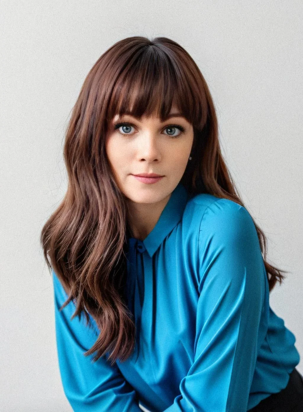 A woman with long brown hair and bangs wearing a blue blouse, posing against a plain light background.