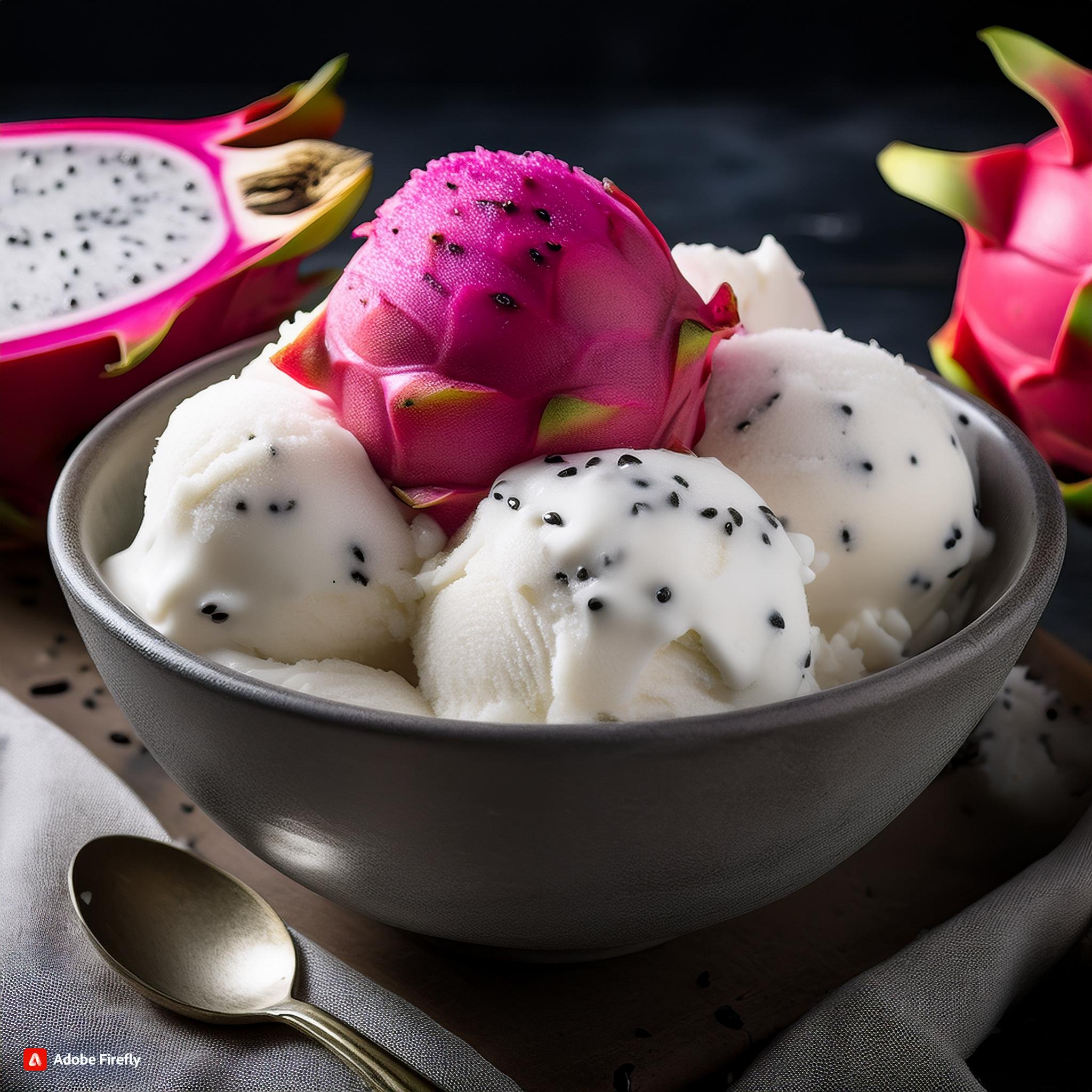 Firefly create an image of a bowl ofwhite colored dragon fruit flavored ice cream, surrounded by fre.jpg