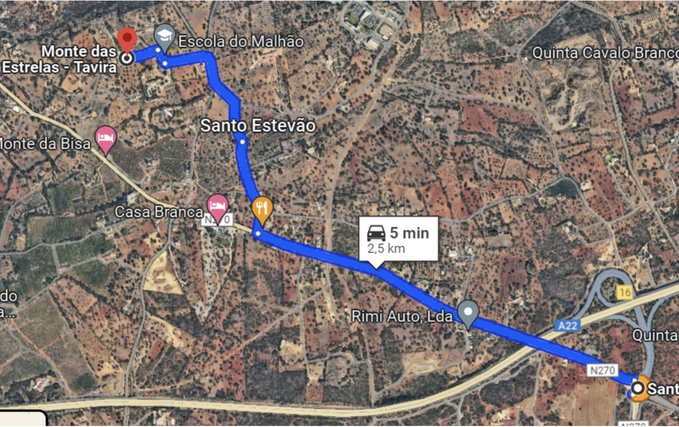 Map showing a 2.5 km route from Quinta to Monte das Estrelas - Tavira, Portugal, with estimated travel time of 5 minutes by car.