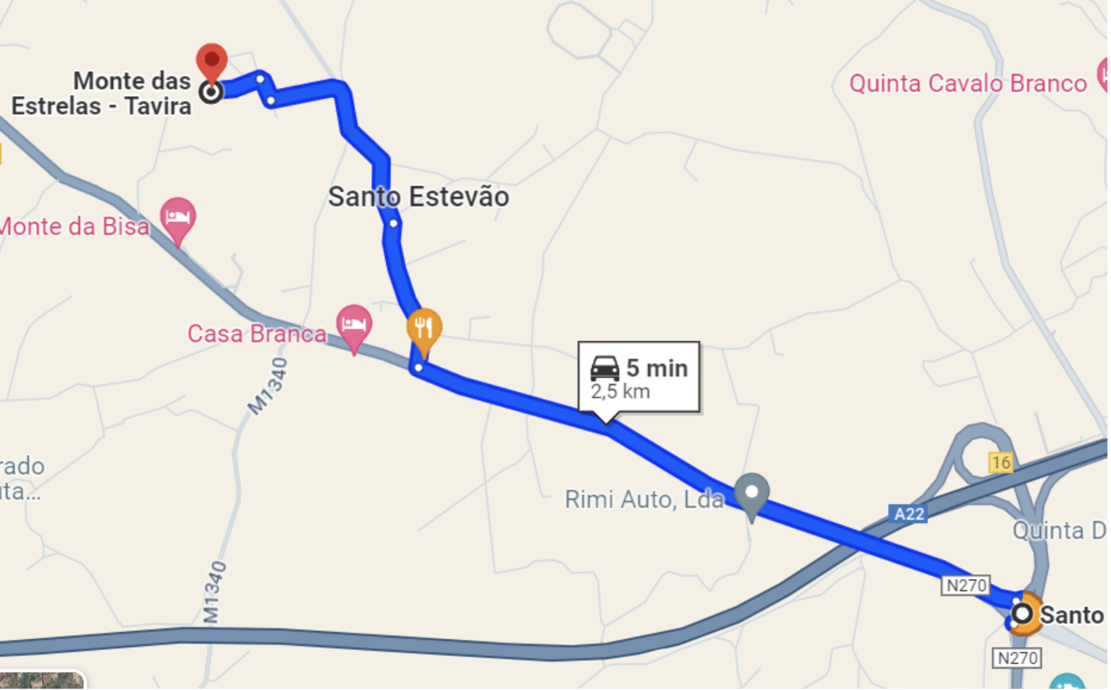 Map showing a route from Santo to Monte das Estrelas - Tavira, Portugal, with estimated 5-minute driving time over 2.5 kilometers. Key landmarks include Rimi Auto, Casa Branca, and Quinta Cavalo Branco.